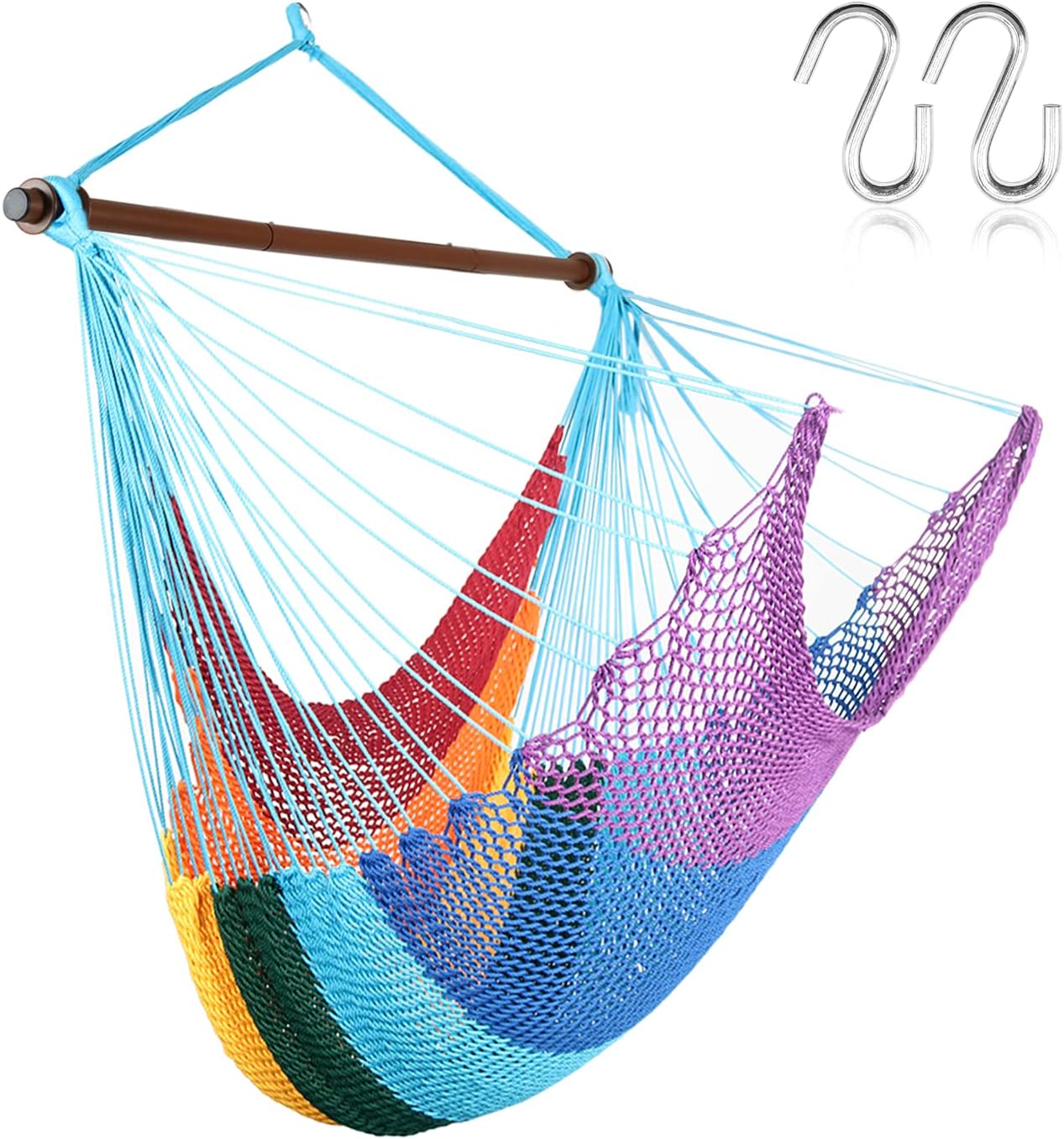Caribbean Hammock Chair with 2 Hanging S Hooks, Indoor Outdoor Hammock Swing Chair with Metal Spreader Bar and Hanging Hardwear Kits