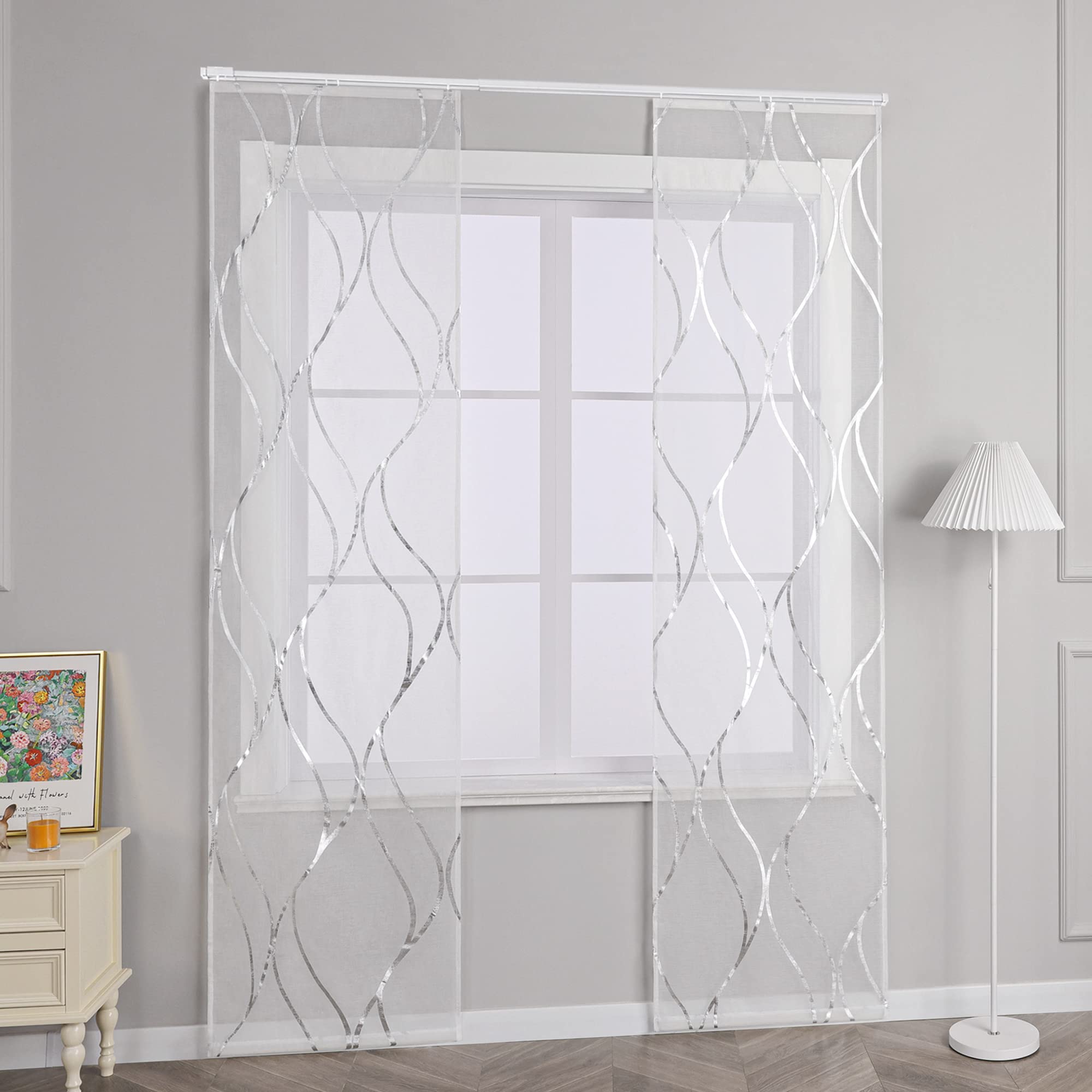Schiebegardinen mit Klettband Transparente Schiebevorhang 2er Set Voile Gardinenschal Fensterschal mit glänzenden Wellen Muster BxH 57x245cm Silber