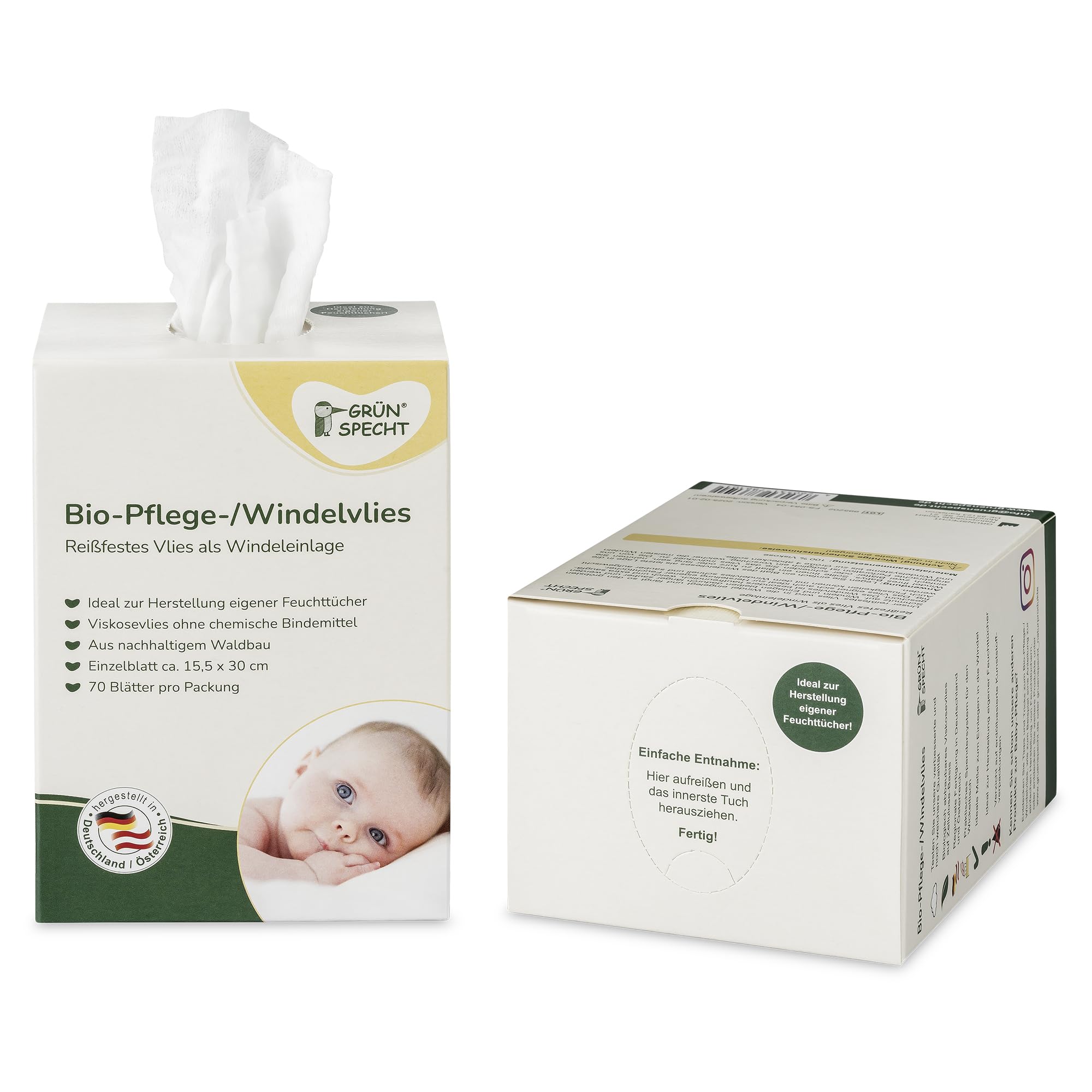 GRÜNSPECHT Tessuto non tessuto biologico per pannolini, 100% biodegradabile, assorbente, 70 fogli (699-00)