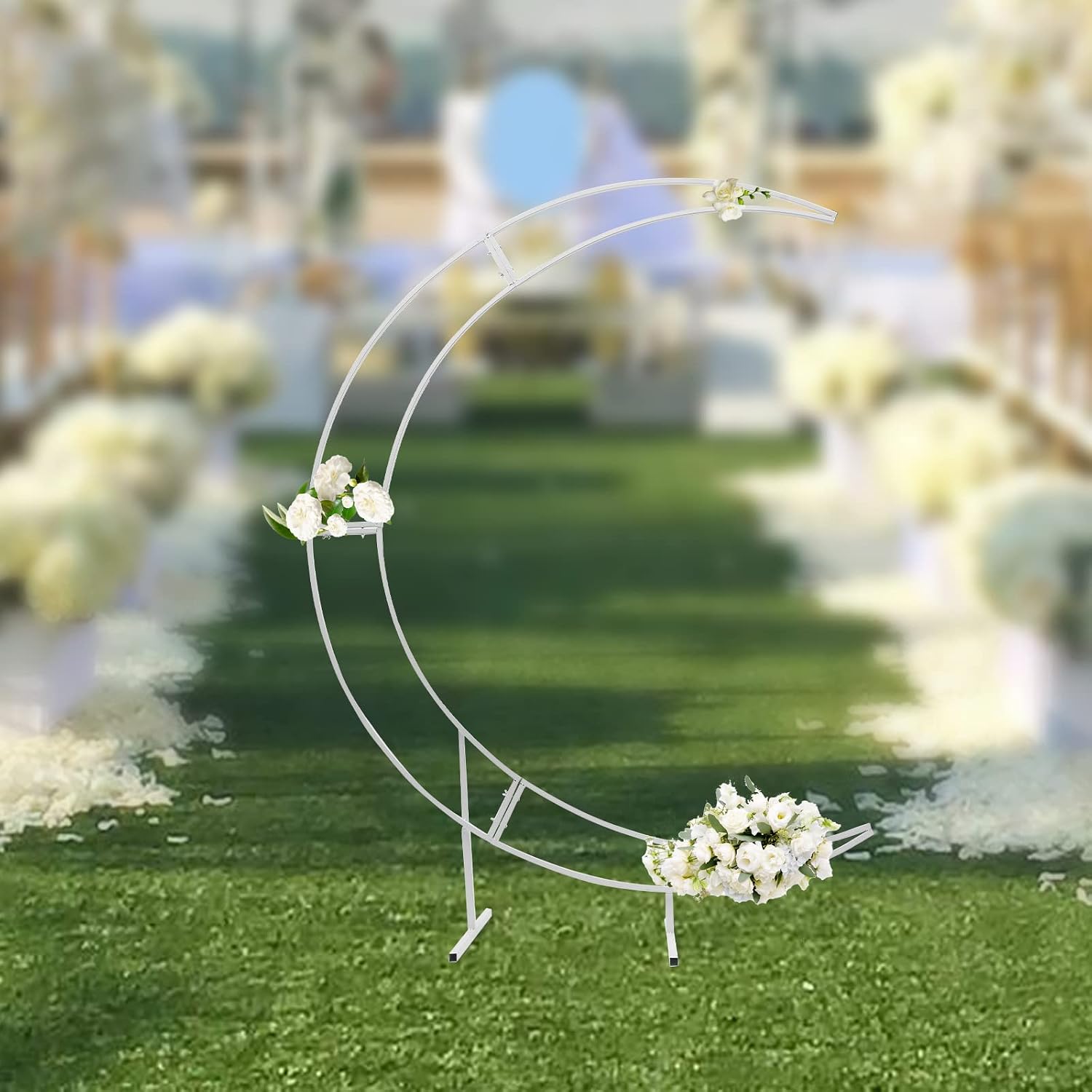 Crescent Moon Wedding Arch Stand - Curved Flower Balloon Frame for Birthday, Event Decor - Bridal Shower (7ft-White)