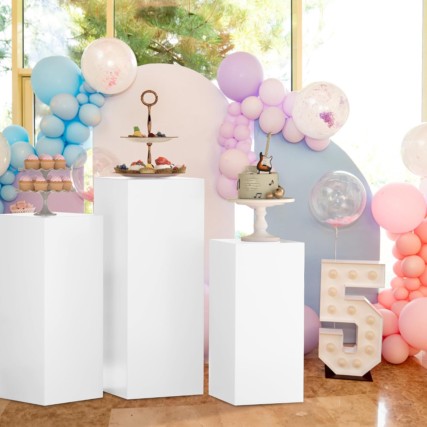 Cylinder Pedestal Stands for Party 3Pcs Metal Cylinder Stands for Parties Square Pedestal Display Plinth Pillars for Wedding Birthday Party Backdrop Decor, White