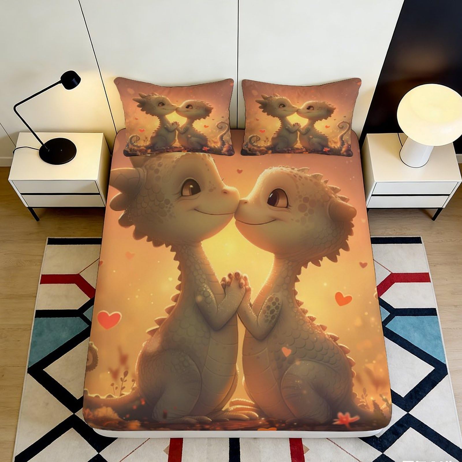 3D Printed Cute Dragon Couple Fitted Sheet Microfiber Soft Breathable Romantic Love Bed Cover for Bedroom Dormitory Guest Room Mattress Protection Decor 90x200x25cm