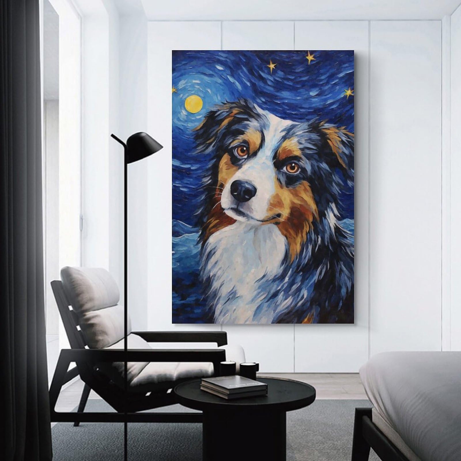 Junmoney Unframe-Style-7 Wall Picture Print Australian Shepherd Night, 24X36inch(60X90cm), For Contemporary Homes, Apartments Or Offices, Decorative Canvas Decor For Home Updates