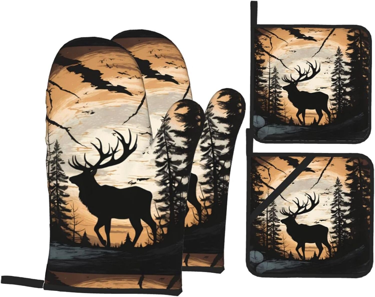 (Wild Elk Black Silhouette) Baking 4-Piece Set: 2 Oven Mitts and 2 Pot Holders Heat Resistant Waterproof Hanging Loop for Kitchen Oven Grill Housewarming Gifts