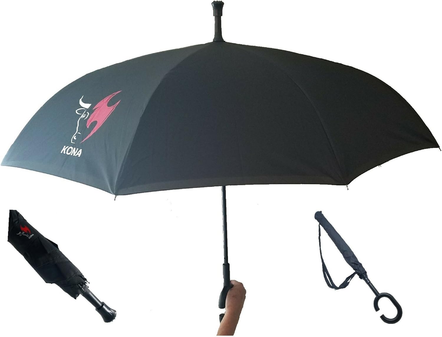 Kona Women's Black Umbrella With Tote Carrying Bag, 60 MPH Windproof, 5 Year Warranty