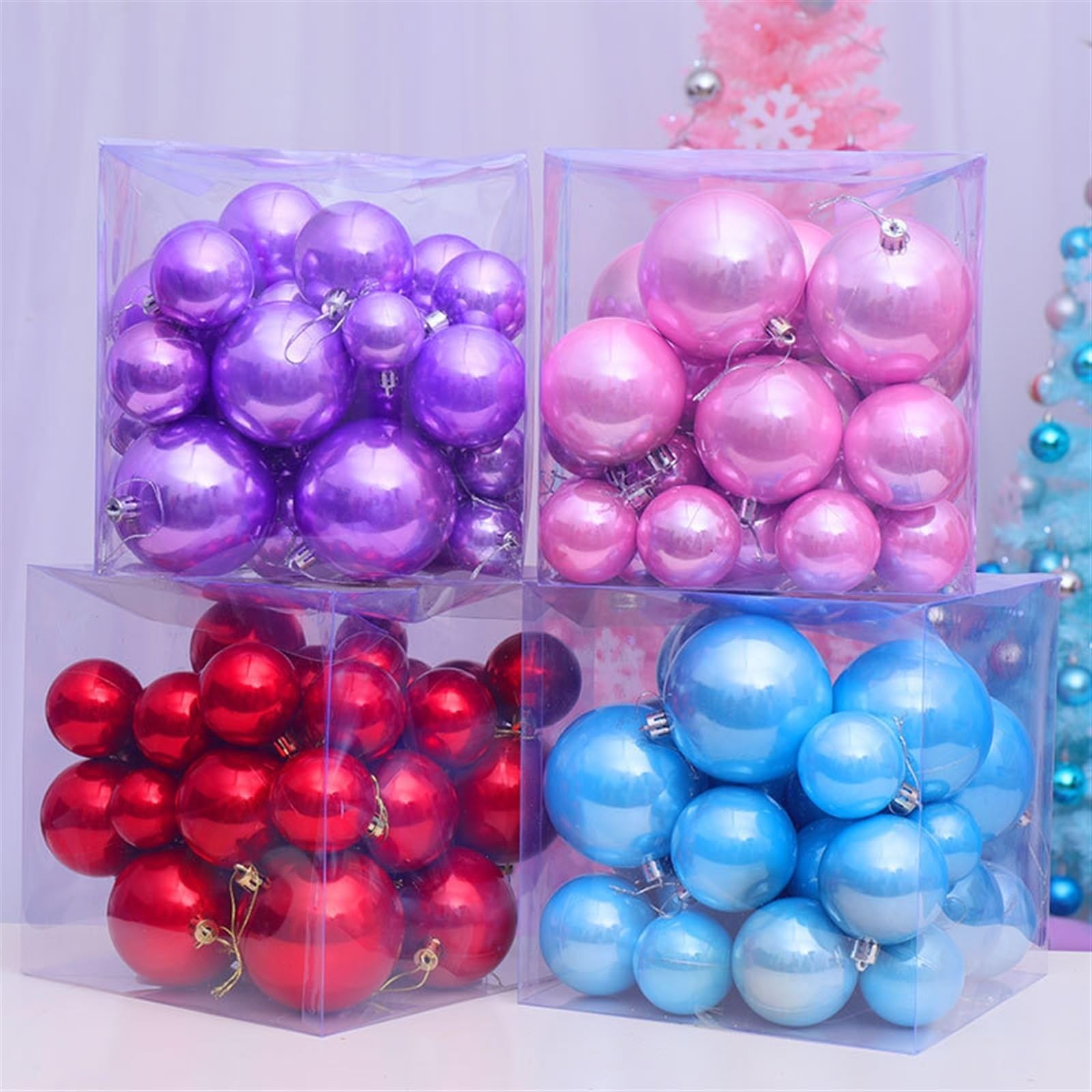 Pendentif de Noël, Pendentif d'arbre de Noël, décoration de fenêtre, décoration de Boule de Noël, Pendentif de décoration de Noël, Boule de Perle, 37 Ensembles (Couleur : Rose) (Rouge)
