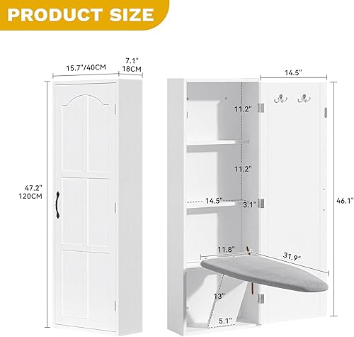 Miniatura 3 de DWVO Armario de tabla de planchar de montaje en pared, armario de almacenamiento con tabla de planchar giratoria de 180, organizador de suministros