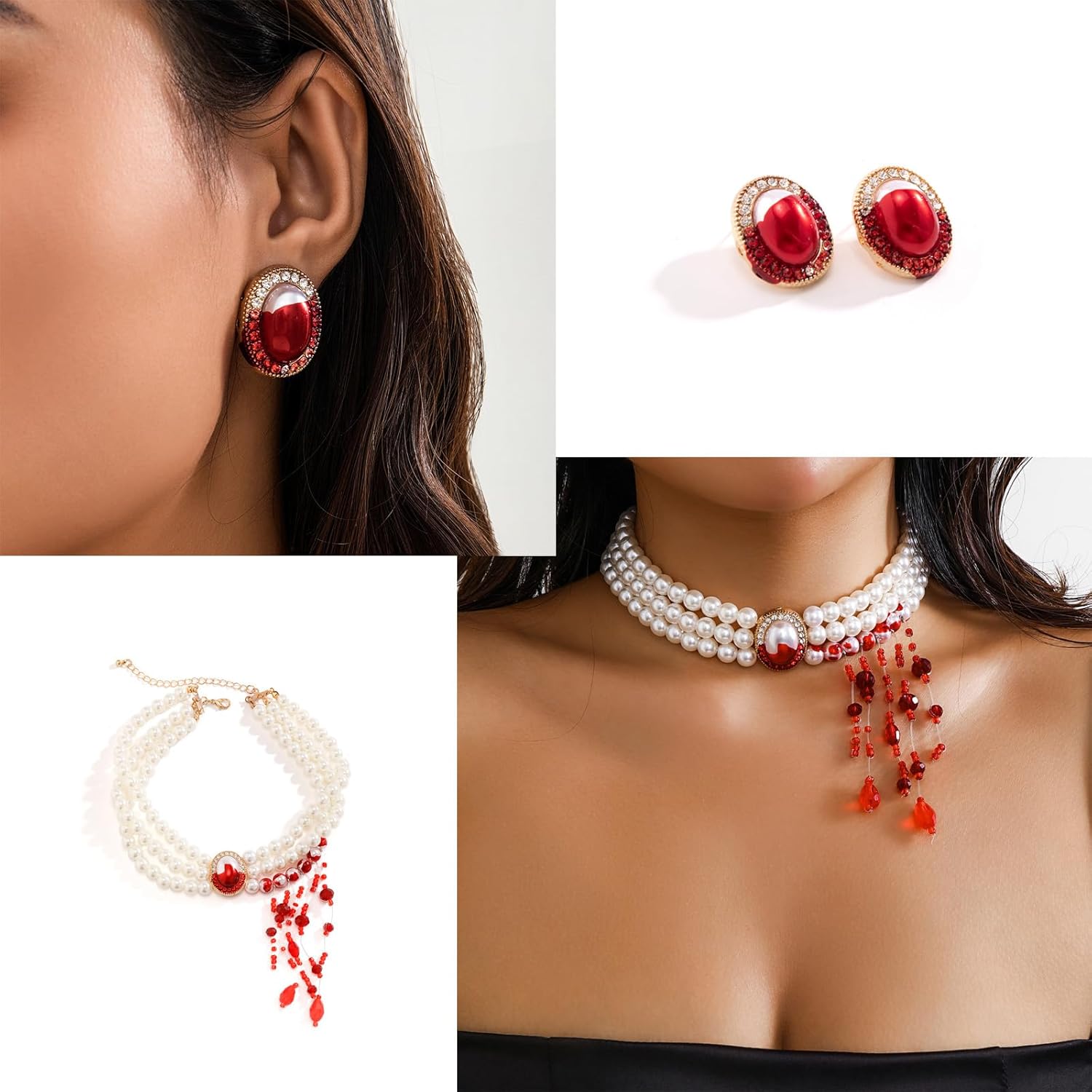 Vampire Earrings Necklace for Women Halloween Jewelry Set Vintage Dripping Blood Pearl Earrings Blood Pearl Choker Necklace Wicked Bloody Necklace Vampire Costume Women Halloween Costume Accessories - Image 2