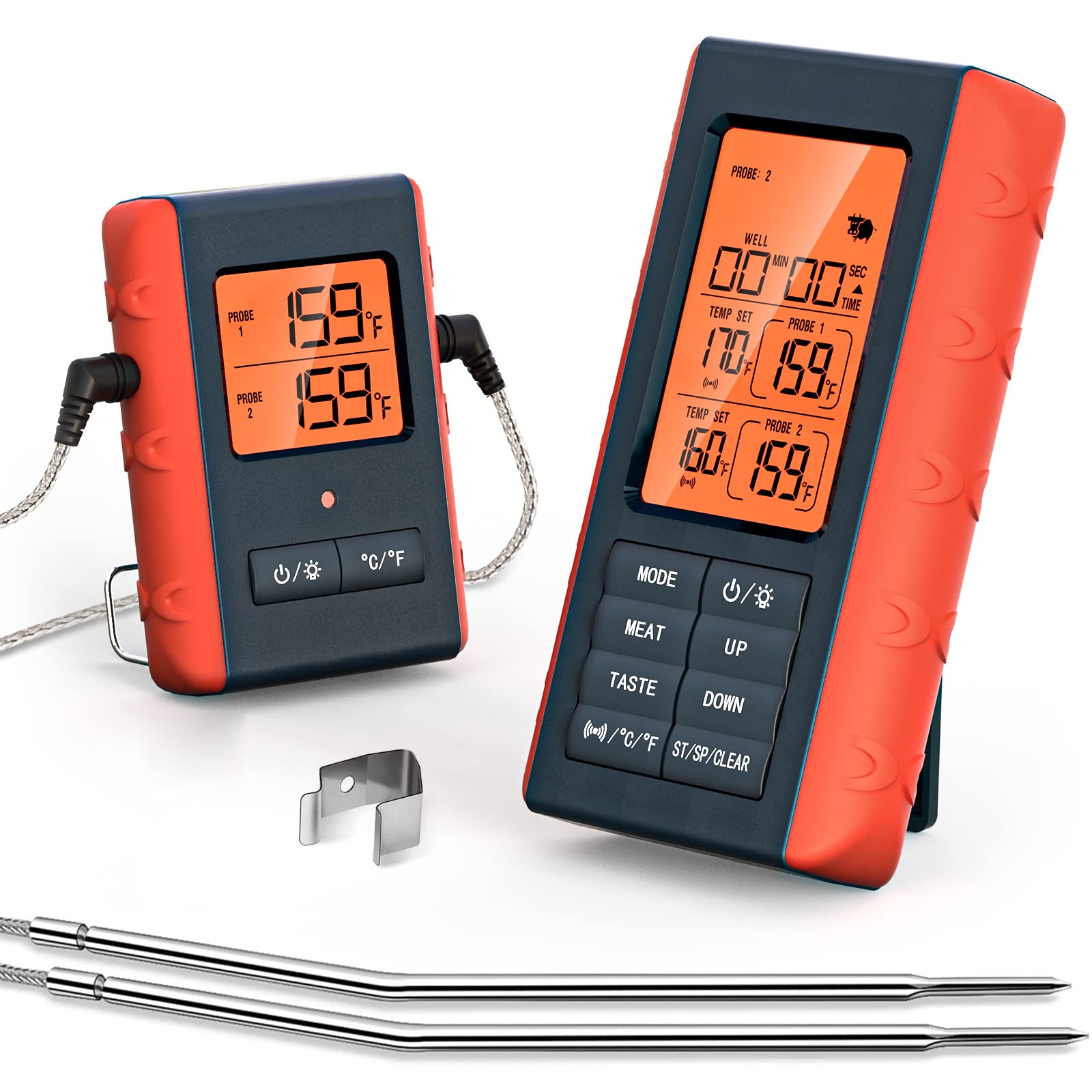 Domary Thermomètre à Viande Fil avec 2 Sondes, Portée de 100M/328 Pieds, Thermomètre de Cuisson Numérique pour Griller, Fumeur, Four, Barbecue