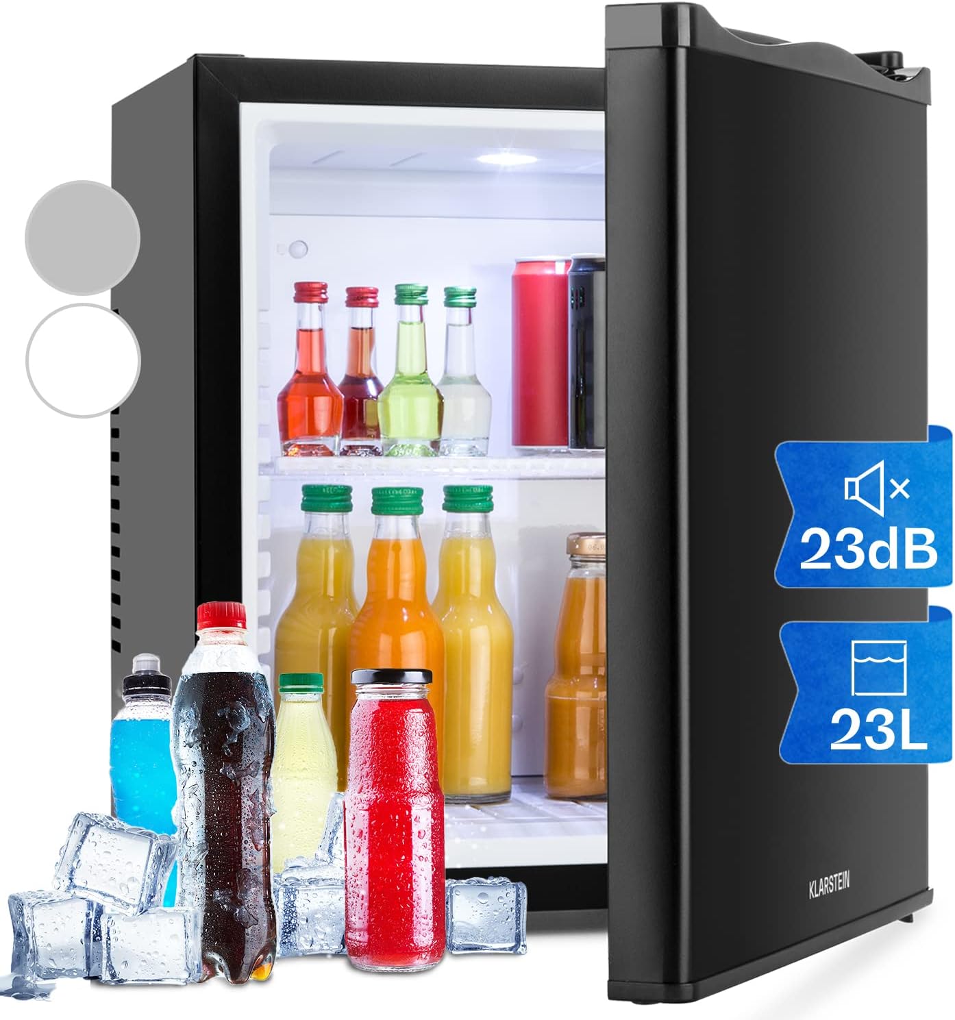 KLARSTEIN Nevera Pequeña para Habitación, Mini Nevera Comida, Bebidas, Cerveza, Cosméticos, Frigirificos Pequeños, Neveras Pequeñas 23L, Estantes Ajustables para Casa y Oficina, Bajo Consumo