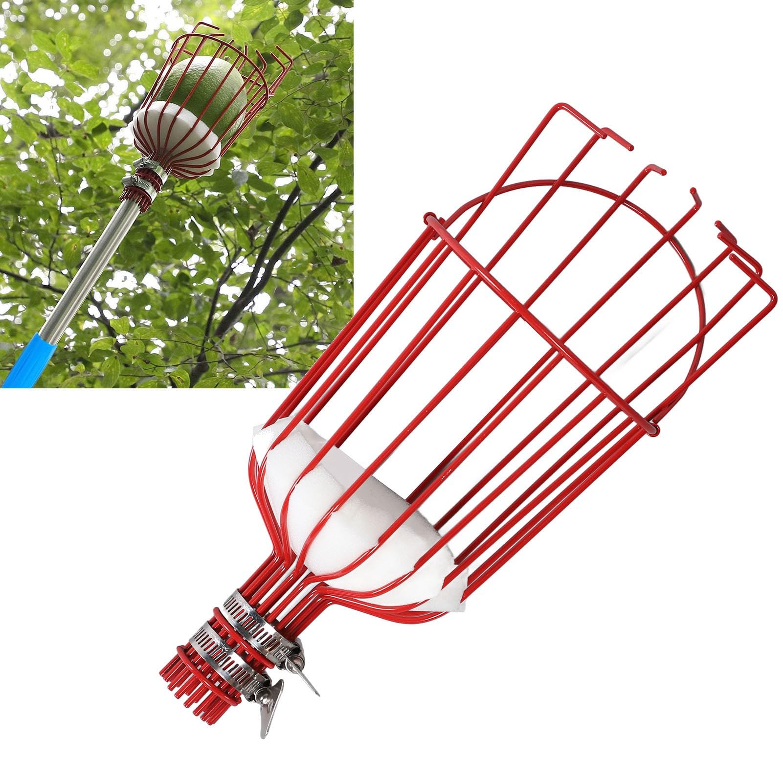Fruit Picker Tool, Metal Fruit Picker Basket with Cushion, Fruits Catcher Tree Picker, Fruit Picker Harvest Basket Head, Fruit Harvester Attachment for 3cm Pipe (Red)