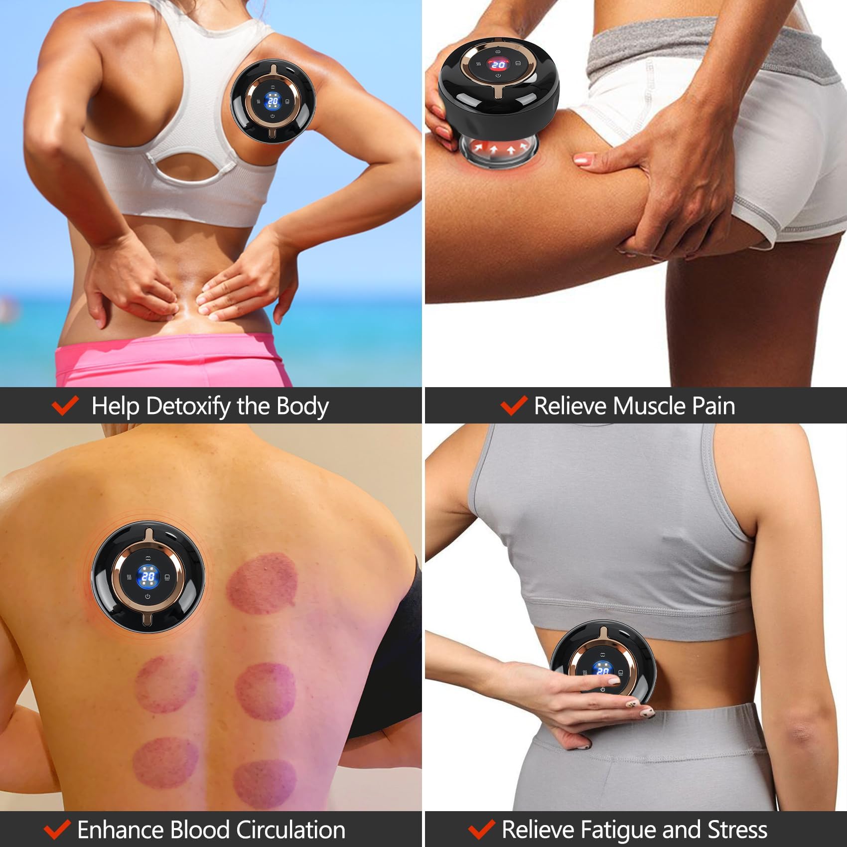 Juego de 2 piezas de terapia de ventosas eléctrica, masajeador eléctrico 4 en 1, ahuecado inteligente, alivia el dolor muscular, mejora la circulación sanguínea y acelera la recuperación después del