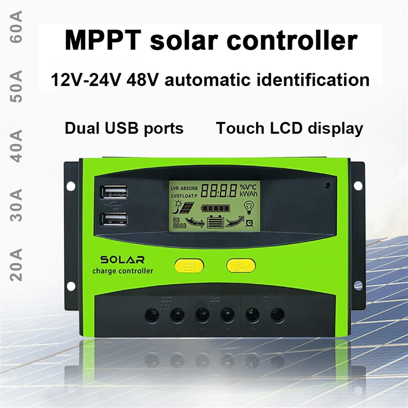 Inversor de onda sinusoidal pura Controlador solar PWM 20A 30A 40A 50A 60A 12V/24V/48V Reconocimiento automático Automático Universal USB Carga inteligente Pantalla LED(50A)