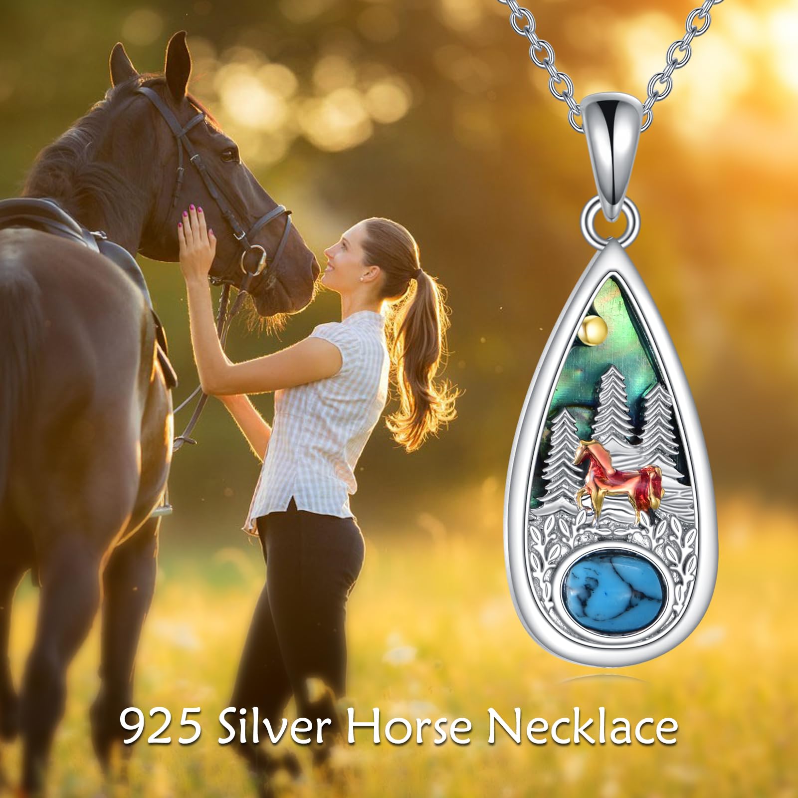 POPLYKE Türkis Pferd Kette Halskette 925 Sterling Silber Lebensbaum Halskette Türkis Halskette Teardrop Halskette Anhänger Türkis Pferd Schmuck Geschenke für Frauen