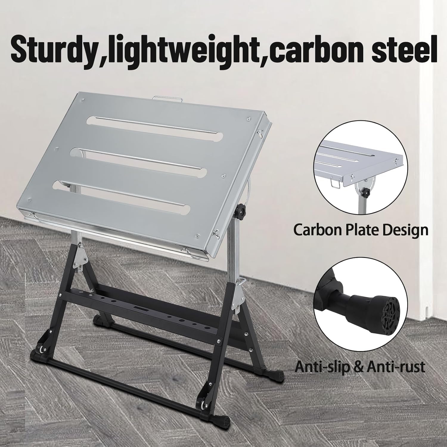 Portable Welding Table 400lb Metal Steel Capacity Workbench for Garage Workshop 30x21 Inch Adjustable Tilt Angles Non-Slip Base 2 Wheels Folding Design Easy Move, Grey