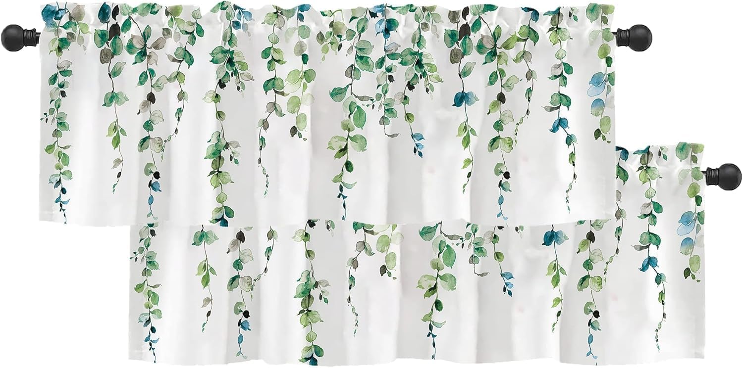 2 Pack Watercolor Green Leaves Curtain Valance for Kitchen Window,Leaf Vine Plant Valance Curtains & Drapes 3" Rod Pocket Window Treatment for Bedroom Living Room Curtain Over Sink 54x18in,2 Panel