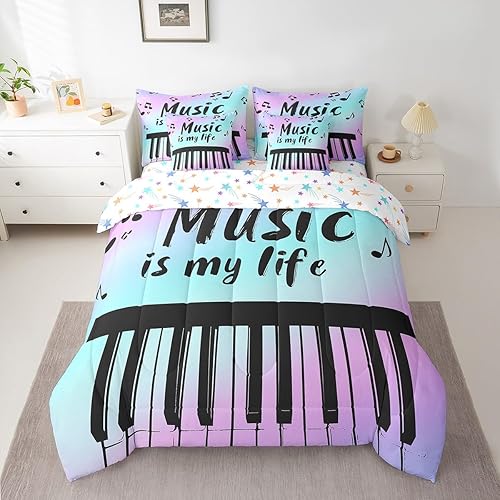 Feelyou Music 7 Pieces Bedding Set Full Size Blue Purple Comforter Set with Shee