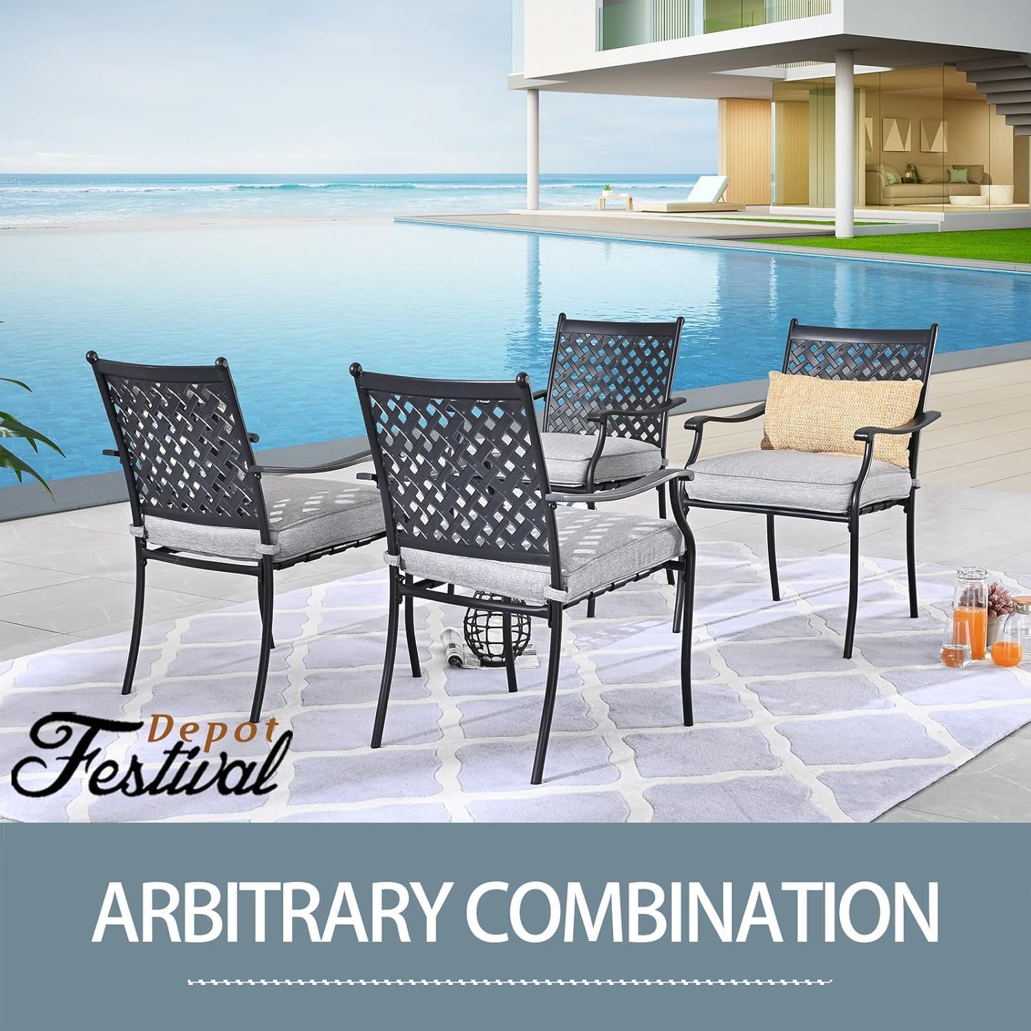 Festival Depot 4 Piece Outdoor Patio Dining Chairs Set Wrought Iron with Arms and Cushions for Porch Lawn Garden Balcony Pool Backyard Deck (Grey)