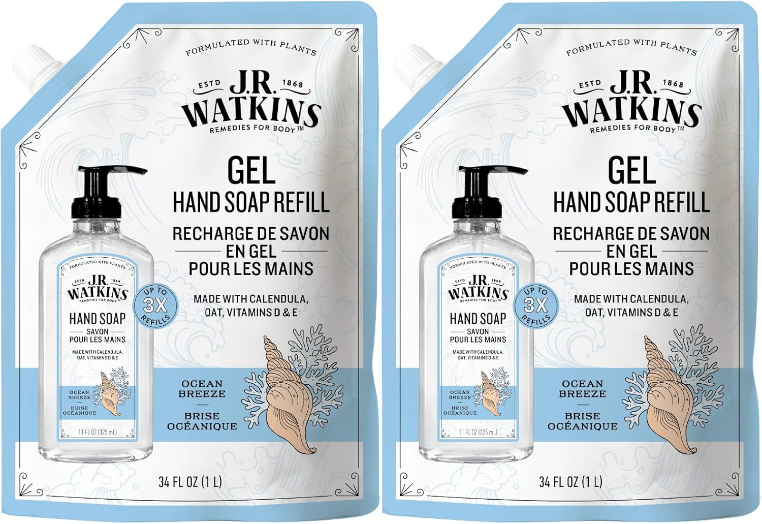 JR Watkins Liquid Hand Soap Refill Pouch, Ocean Breeze, 2 Pack, Scented