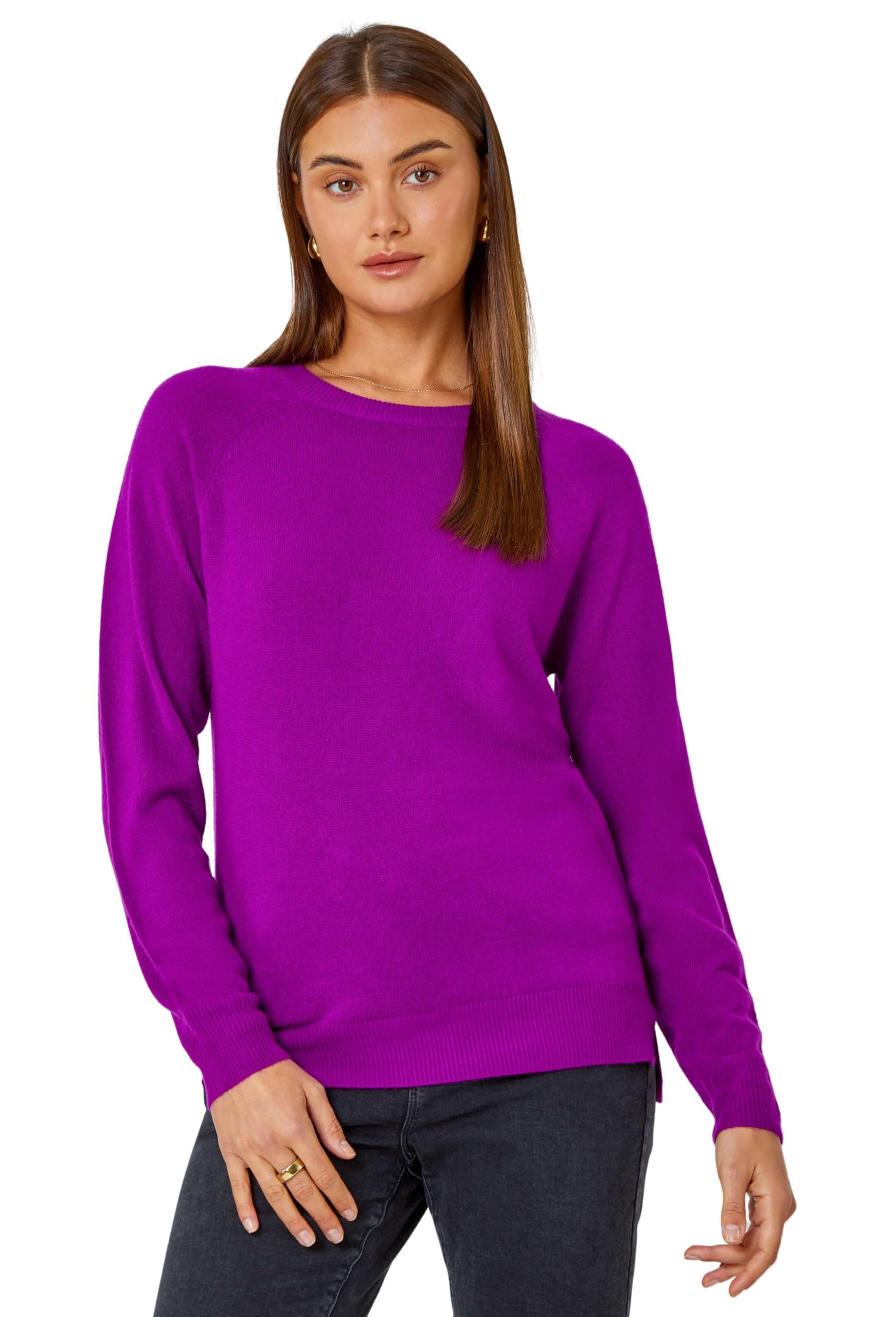 Roman Originals Soft Jumper for Women UK Ladies Winter Autumn Sweater Knit Knitwear Round Crew Neck Top Plain Lightweight Comfy Long Sleeve Split Hem Everyday Daywear - Magenta - Size 20
