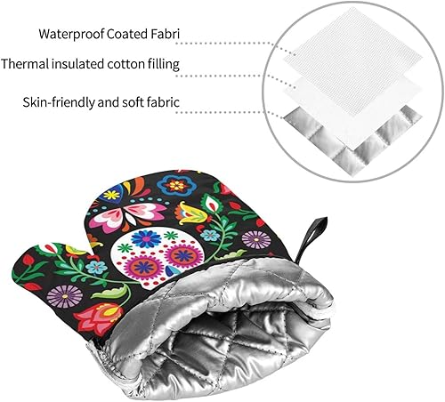 Miniatura 4 de Juego de 4 manoplas de horno y soportes para ollas con diseño floral de calavera mexicana, guantes resistentes al calor para cocina, hornear, asar a