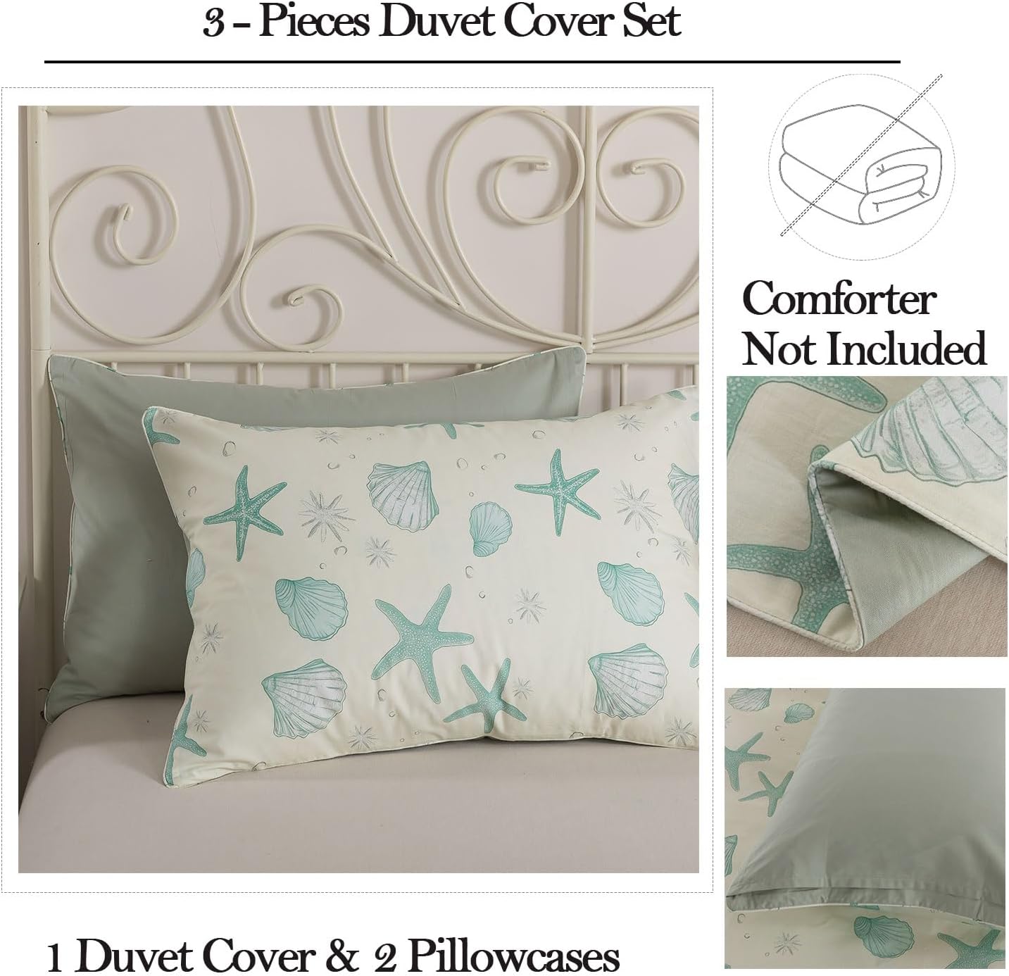 FADFAY Premium 100% Cotton Coastal Duvet Cover Set Queen – Soft Breathable Beach Bedding, Seafoam Green Starfish & Seashell Print, 3-Piece Zippered Duvet Cover for Coastal Bedroom