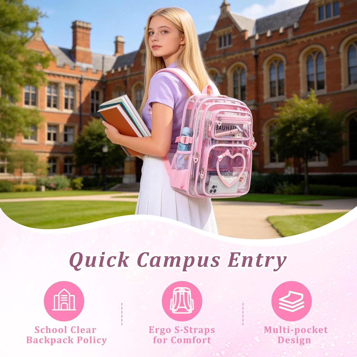 Clear Backpack for School Girls, Cute Heavy Duty PVC Transparent Bookbag, See-Through Bag for Stadium Event Pink image 2