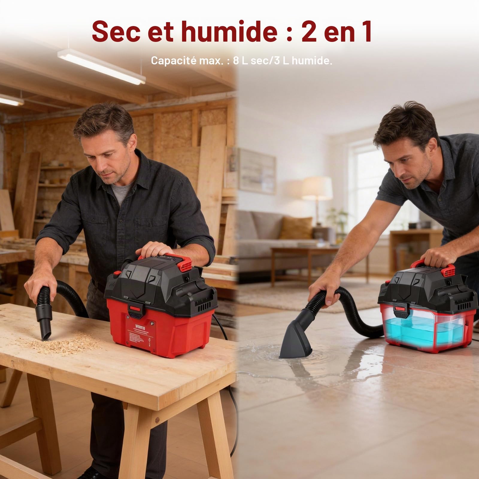 Nexalite Aspirateur sans Fil Eau et poussière 200W, 16kPa | aspire liquide + poussière; batterie 4000mAh; grand réservoir; pour maison, garage, voiture, atelier; filtre lavable