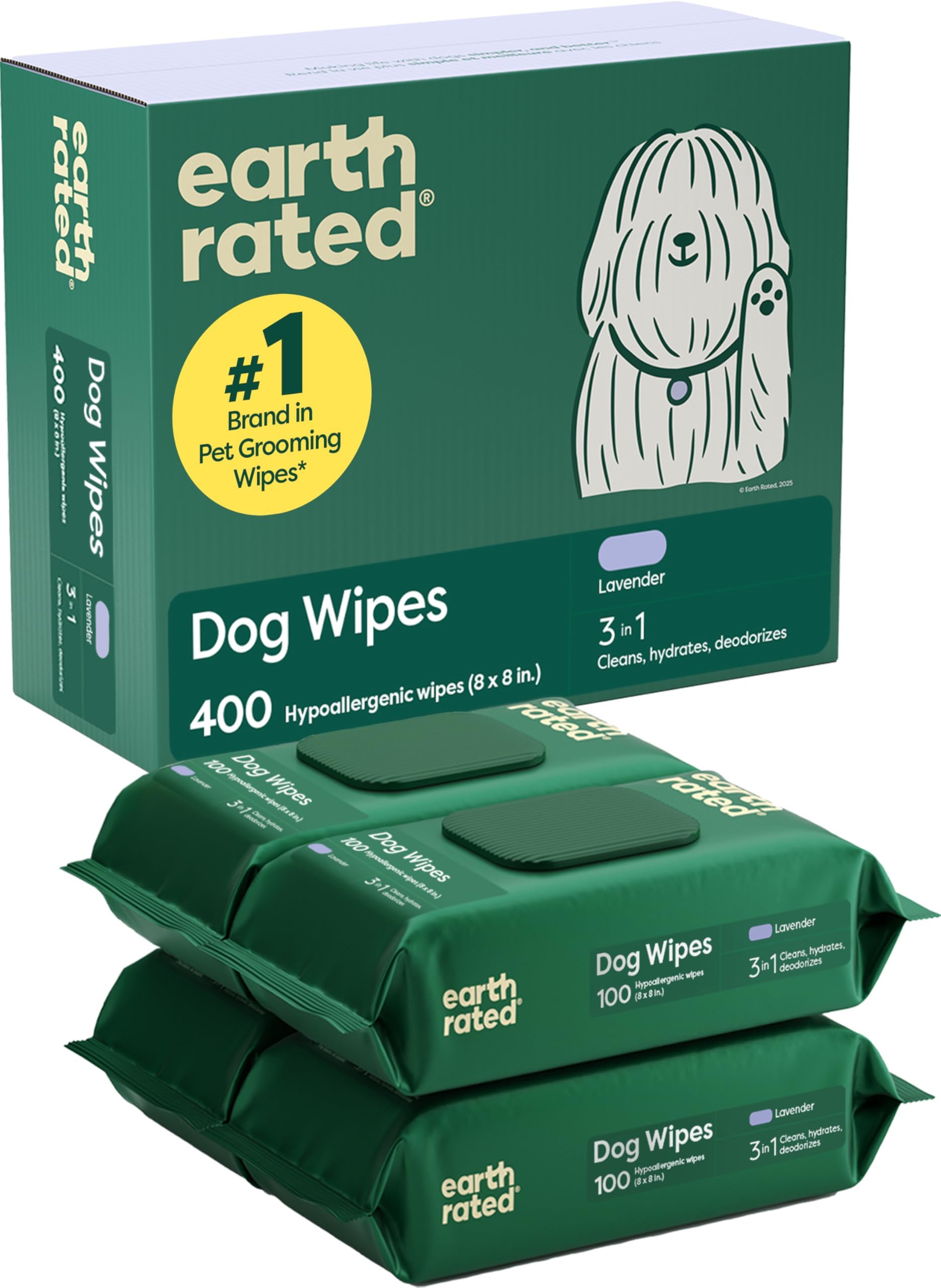 Dog Wipes, Thick Plant Based Grooming Wipes for Easy Use on Paws, Body and Bum, Lavender Scented, 400 Count