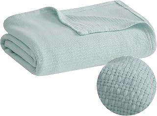 Madison Park Freshspun Basketweave 100% Cotton Blanket Blue Full/Queen 90x90 - Lightweight Soft Breathable Bed Throw