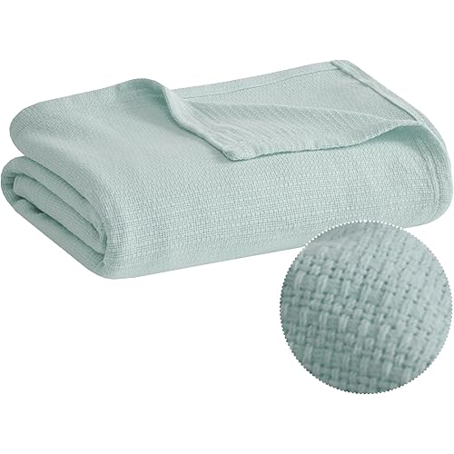 Madison Park Freshspun Basketweave Luxury Cotton Blanket Blue 108x90" King Size Basketweave Premium Soft Cozy 100% Cotton For Bed, Couch or Sofa