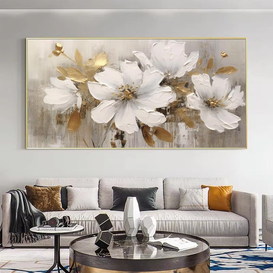 Grand format art mural de tableau abstrait de fleurs blanches 90x180cm sans cadre de salon - 8