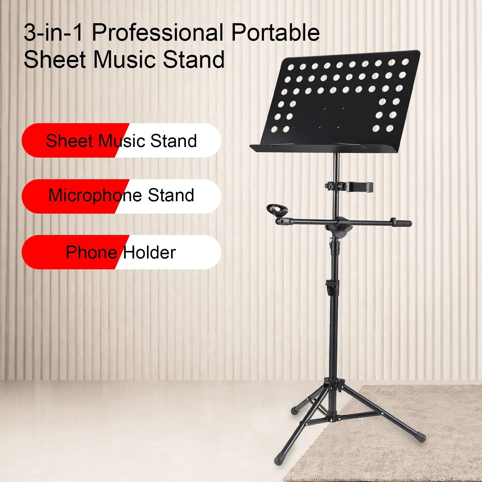 Faltbarer Notenständer 3-in-1-Profi-Notenständer, Abnehmbarer Mikrofonständer, Telefonhalter, Notenständer, Metall, höhenverstellbar, Stativständer