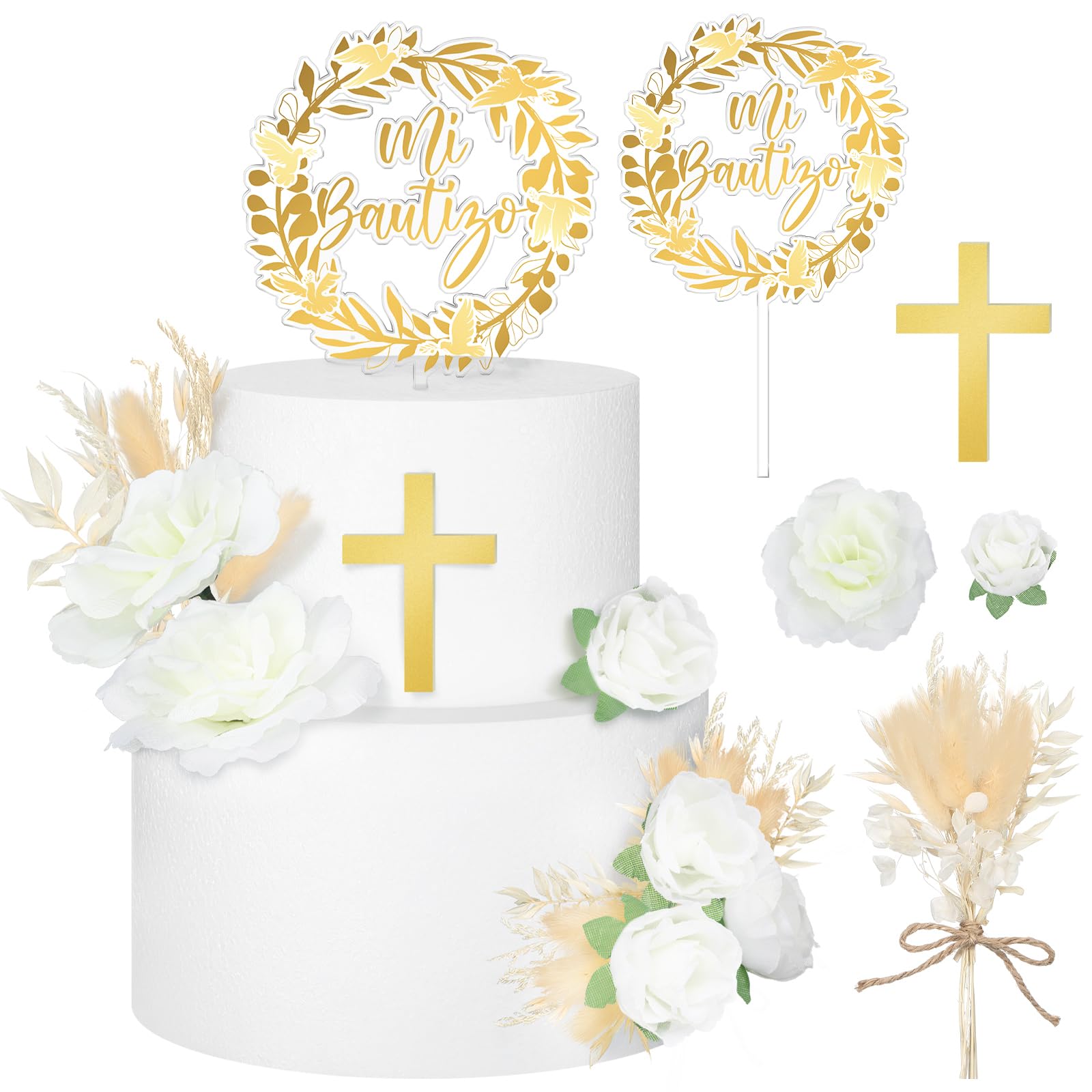 Photo 1 of 9 Pcs Mi Bautizo Cake Topper Gold Cross and Dried Flower Decor Set First Holy Communion Baptism Cake Pick Religious God Bless Baptism Cake Decoration for Celebration Milestones Decor