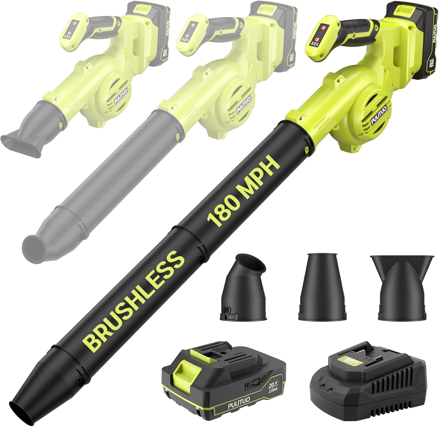 PULITUO Leaf Blower Cordless, 3 in 1 Small Leaf Blower- 180MPH 20,000RPM Brushless Mini Blower Cordless Handheld Battery Blowers for Lawn Care, Dust, Grass and Car (1 Battery)