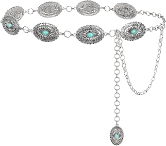 LEACOOLKEY Women Turquoise Concho Chain Waist Belt Silver Western Cowgirl Metal Chain Belt for Dress Adjustable