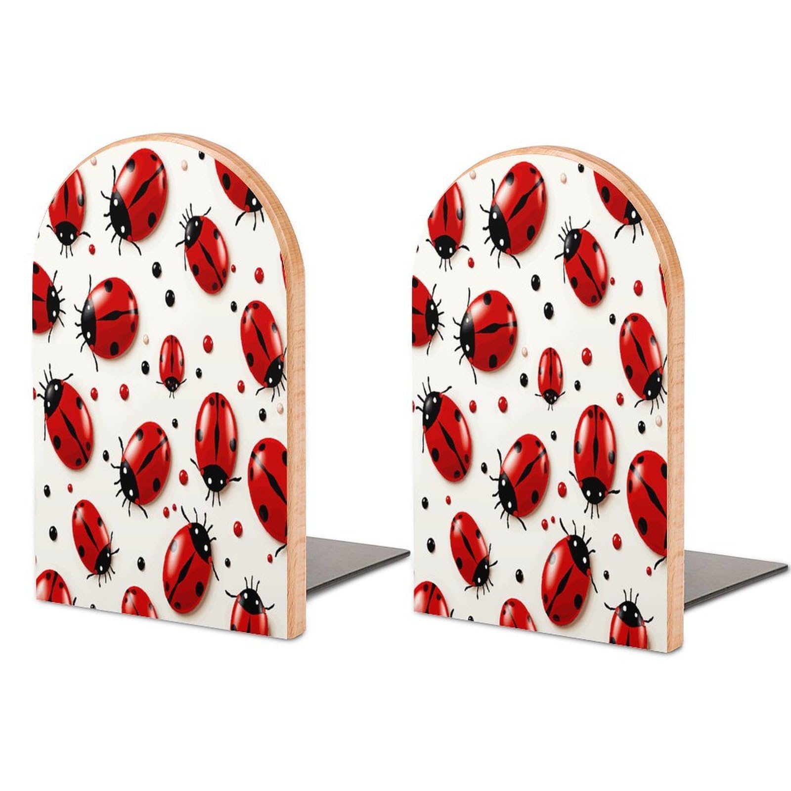 Red Ladybug Bookend for Shelves Non-Skid Book Holder Modern Heavy Duty Bookend Stopper Metal Base Wood Book End Books Shelf Holder Home Decorative 1pair 5x3.9x3.1