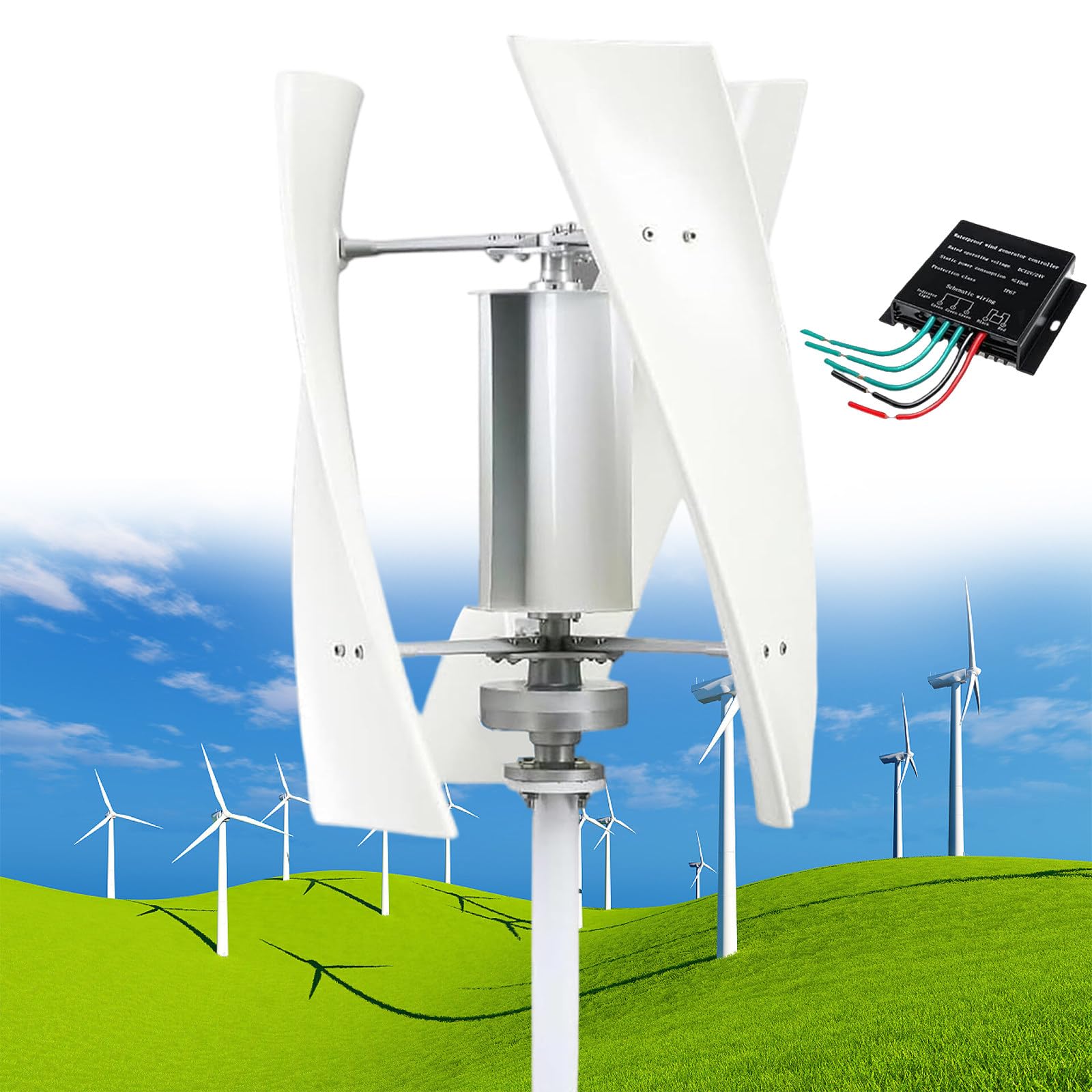 Turbine Eoliche,Turbina Eolica Verticale 14000W Nessun Rumore,Turbina Eolica a Levitazione Magnetica 12V 24V 48V 110V 220V Facile da Installare e Riparare,per Camper Domestici Barche,White-48V