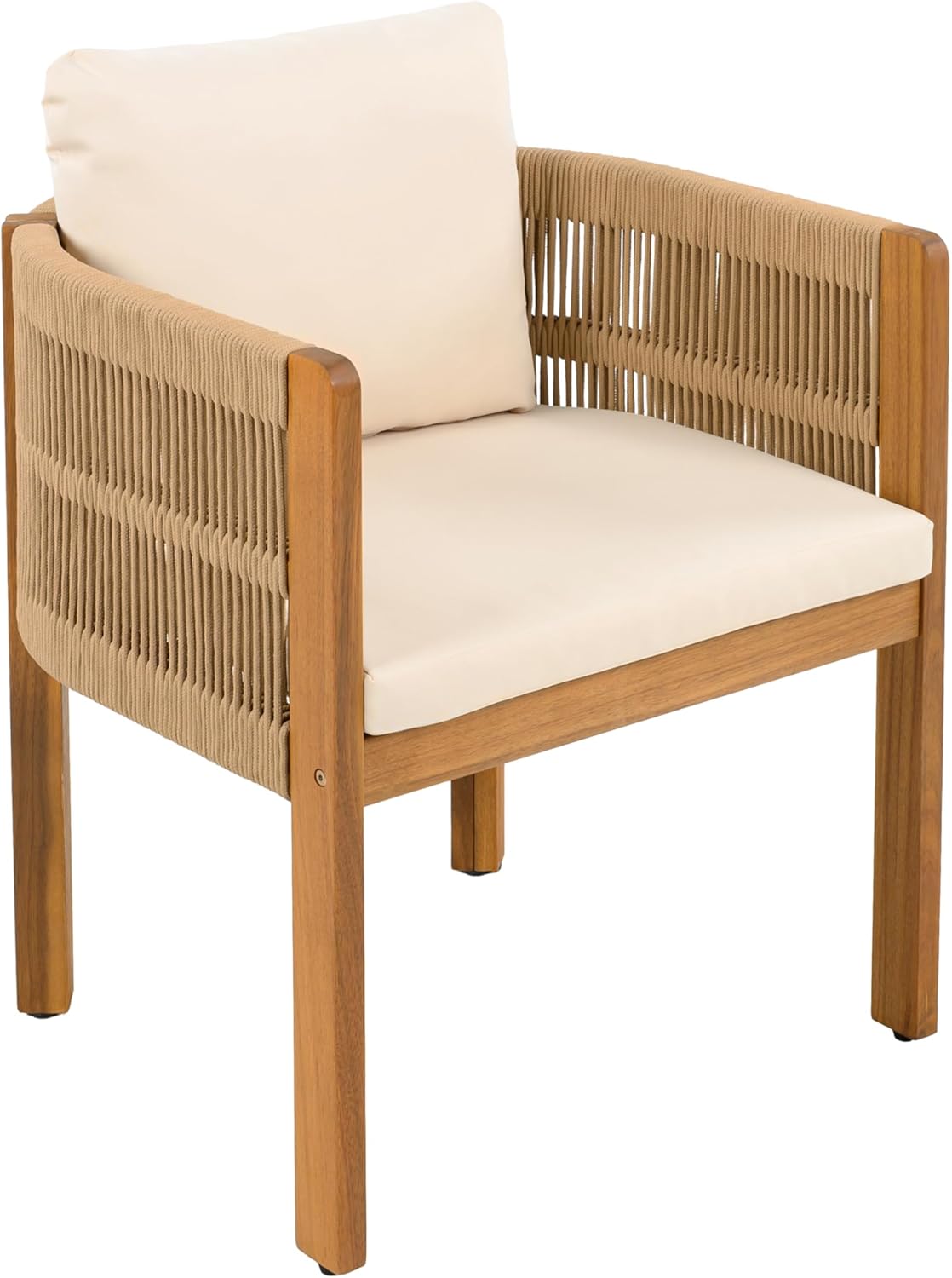 Christopher Knight Home Levi Set of 2 Outdoor Dining Chairs, Acacia Wood Patio Dining Room Chair with Waterproof Cushions, Rope-Wrapped Accents, Comfy Poolside Kitchen Chairs, Teak + Beige