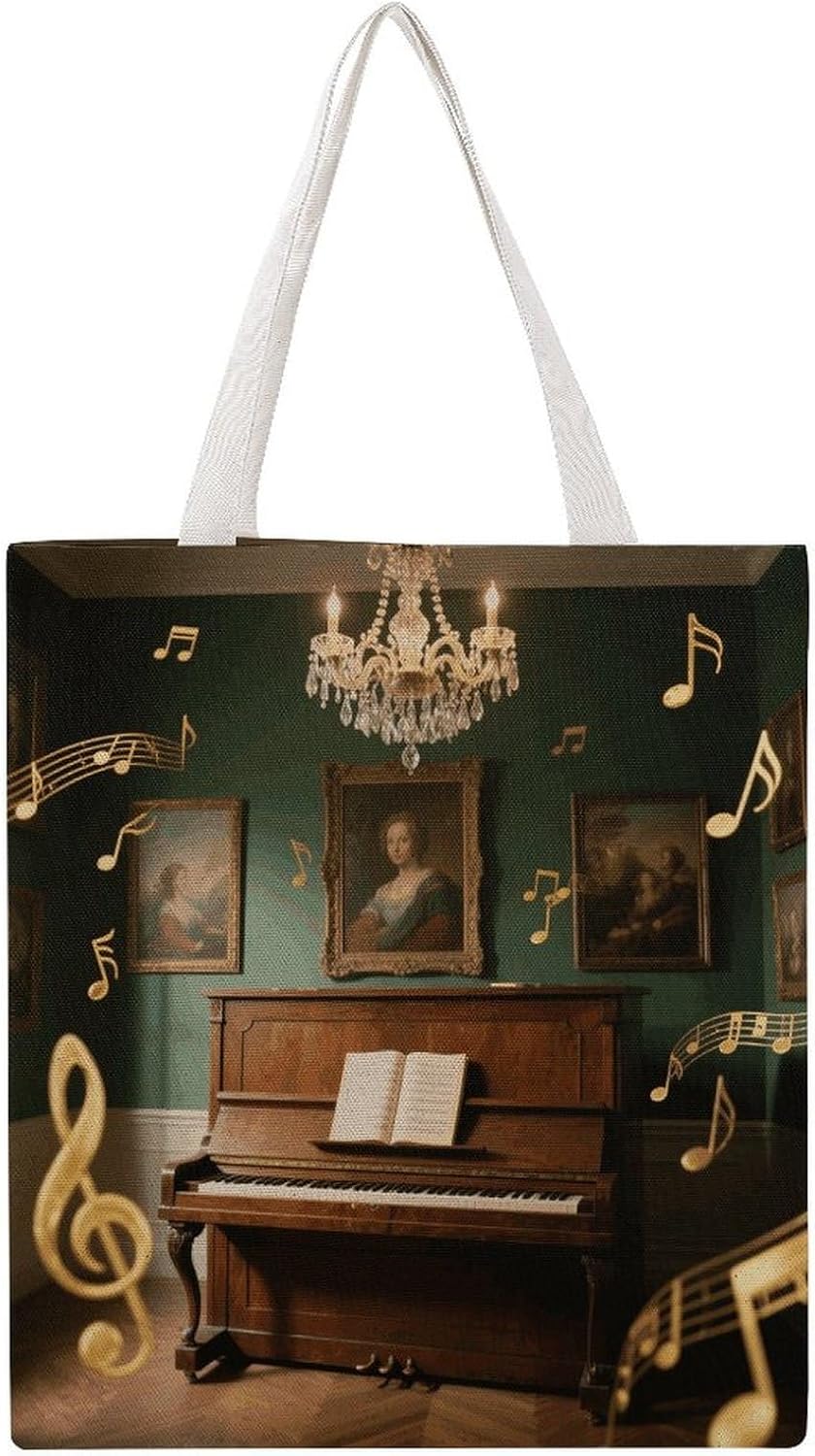 Heavy-Duty Vintage Music Note Piano Canvas Tote Bag for Women Reusable Grocery Shopping Bag with Shoulder Straps Washable & Foldable Everyday Utility Purse for Work Travel Beach
