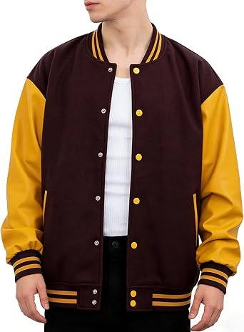 Mens Varsity Jacket Bomber Letterman Jacket Leather Sleeve Vintage Style Lightweight Outerwear
