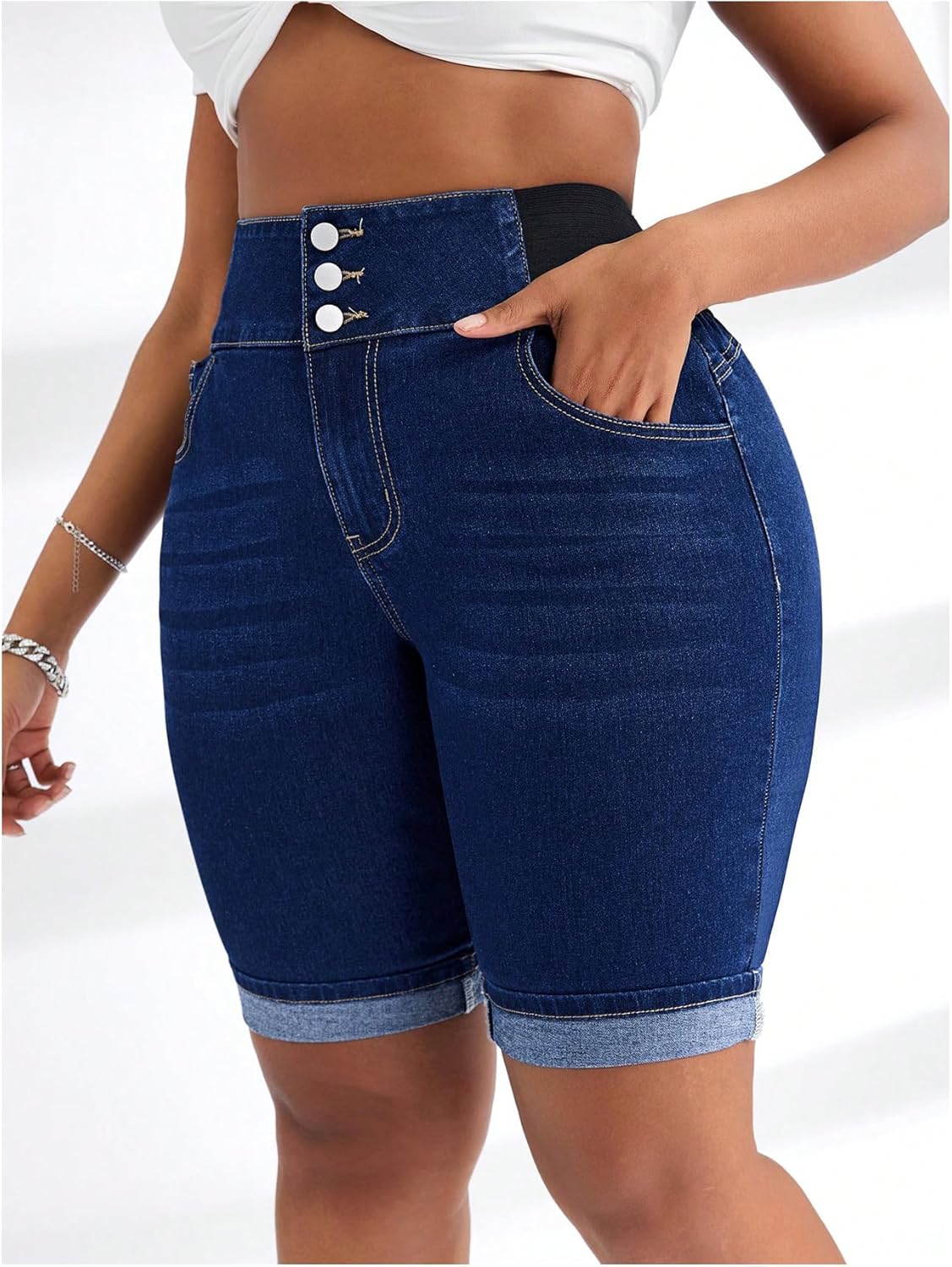 GORGLITTER Women's Plus Size Jean Shorts Stretchy High Waist Roll Hem Denim Bermuda Shorts Bottoms Dressy Casual - Image 2