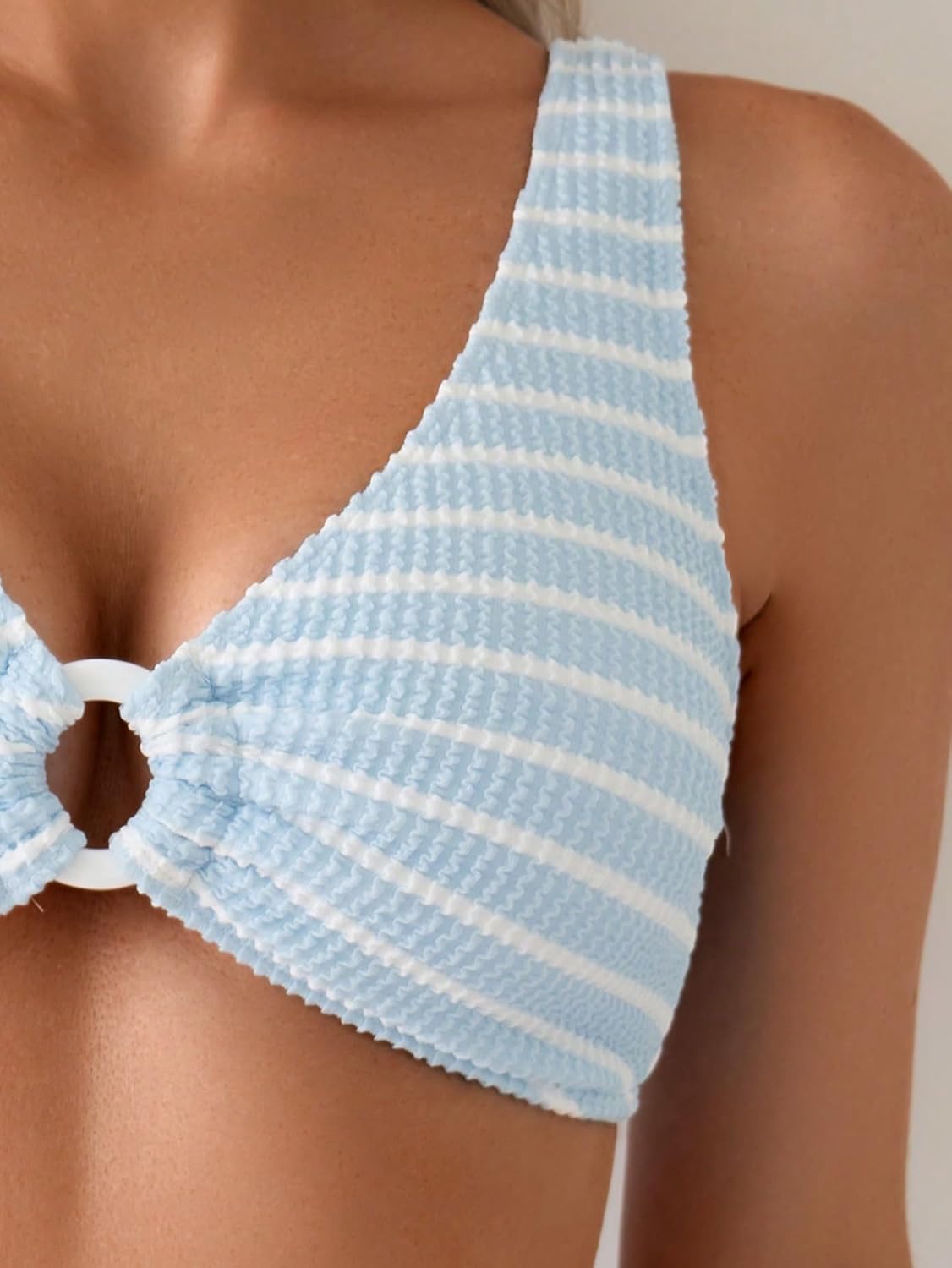 Women's High Waisted Bikini Striped Ring Ribbed Two Piece Sets Swimsuit Summer Beach Outfits Swimwear Blue Striped