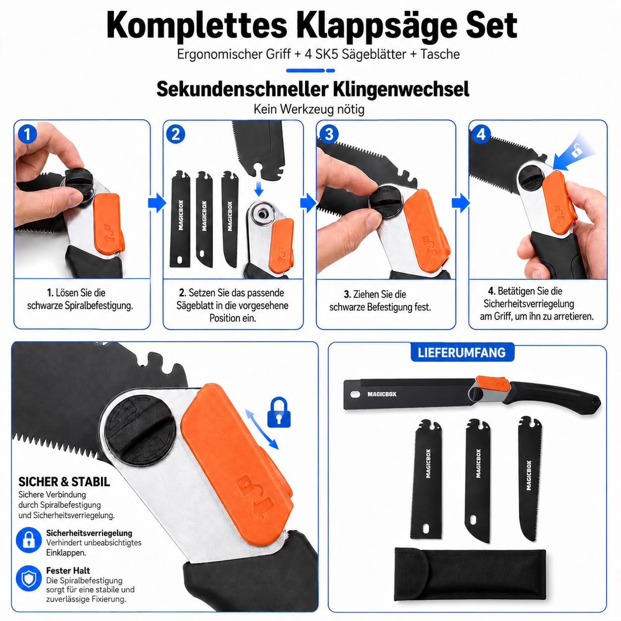 Magicbox Klappsäge Set mit 4 austauschbaren SK5-Sägeblättern, Japansäge Klappbar mit Sicherheitsverschluss, 2 Winkelpositionen, rutschfestem Griff & Canvas-Tasche für Holz, Äste, DIY, Outdoor