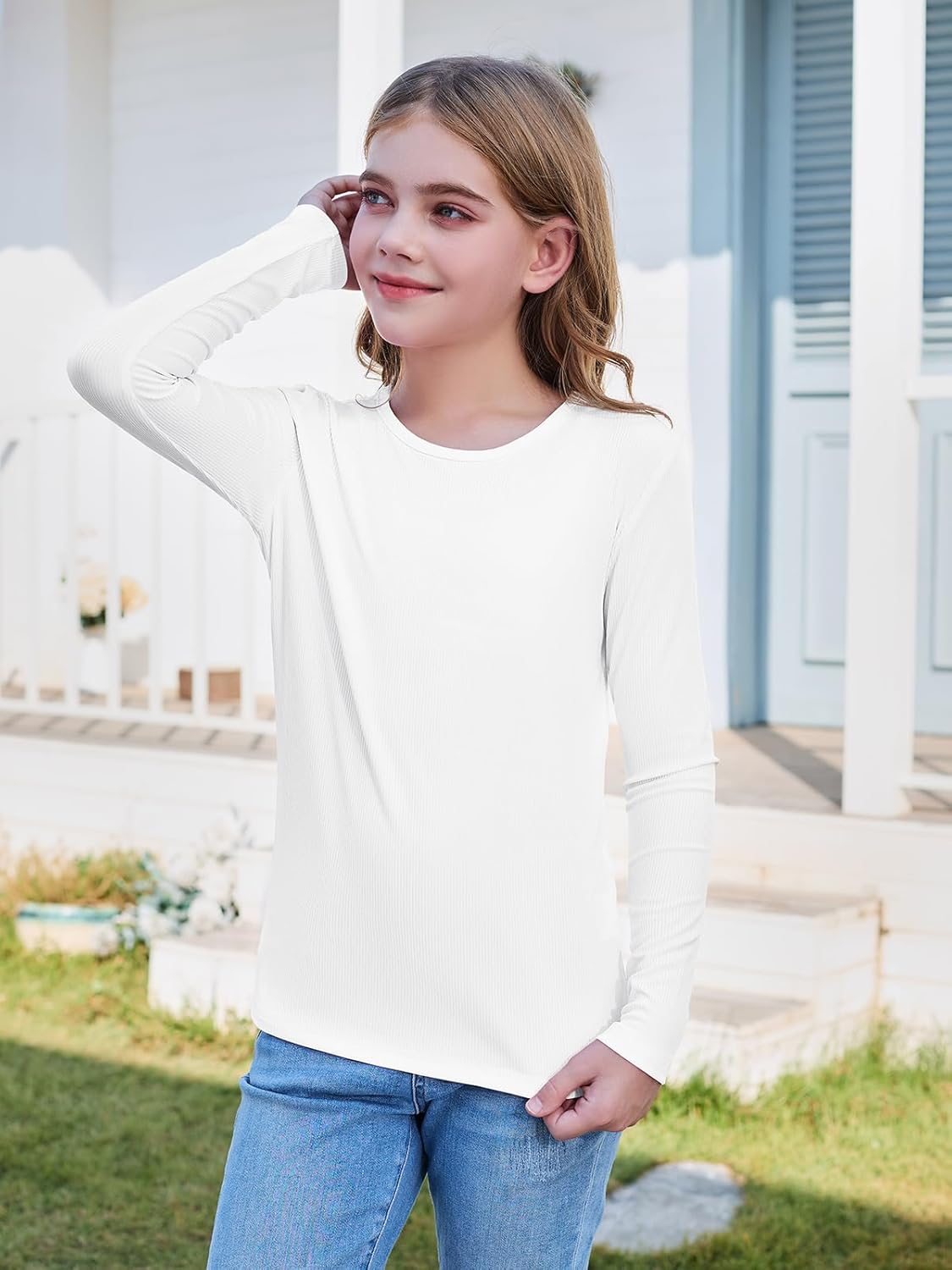 ZDC Girls Long Sleeve Shirts Crewneck Ribbed Knit Slim Fit Tops Casual Tee Shirt 5-14 Years - Image 4