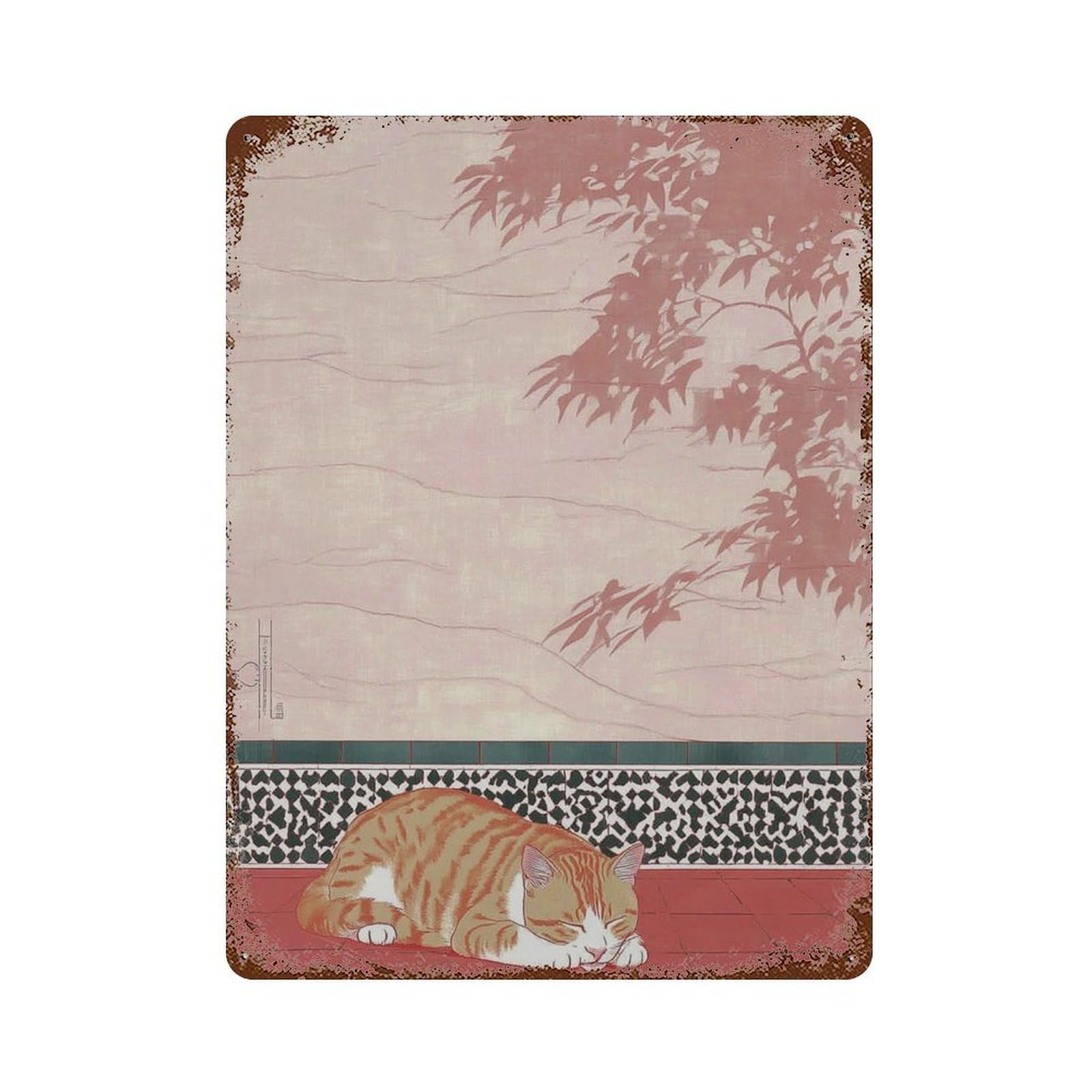 xiaoxiaoshen Japanese Cat Sleeping Red Asian Work Minimal Style Wall Decor Art Metal Tin Poster Modern Home Decor Art Home Bar Shop Decorations Vintage Sign 40x30cm