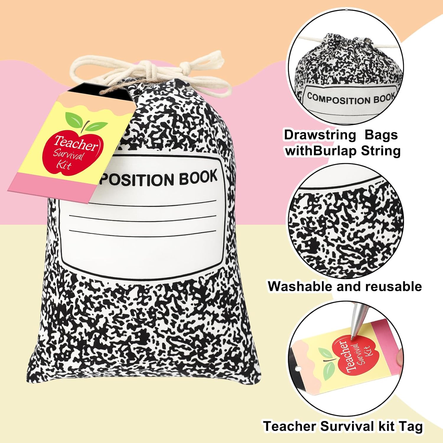 Sweetude 24 Set Teacher Appreciation Gifts Drawstring Bags Composition Notebook Bags with Tags Teacher Supplies Survival Kit Thank You Canvas Gift Wrap for Holiday Graduation Birthday Party - Image 3
