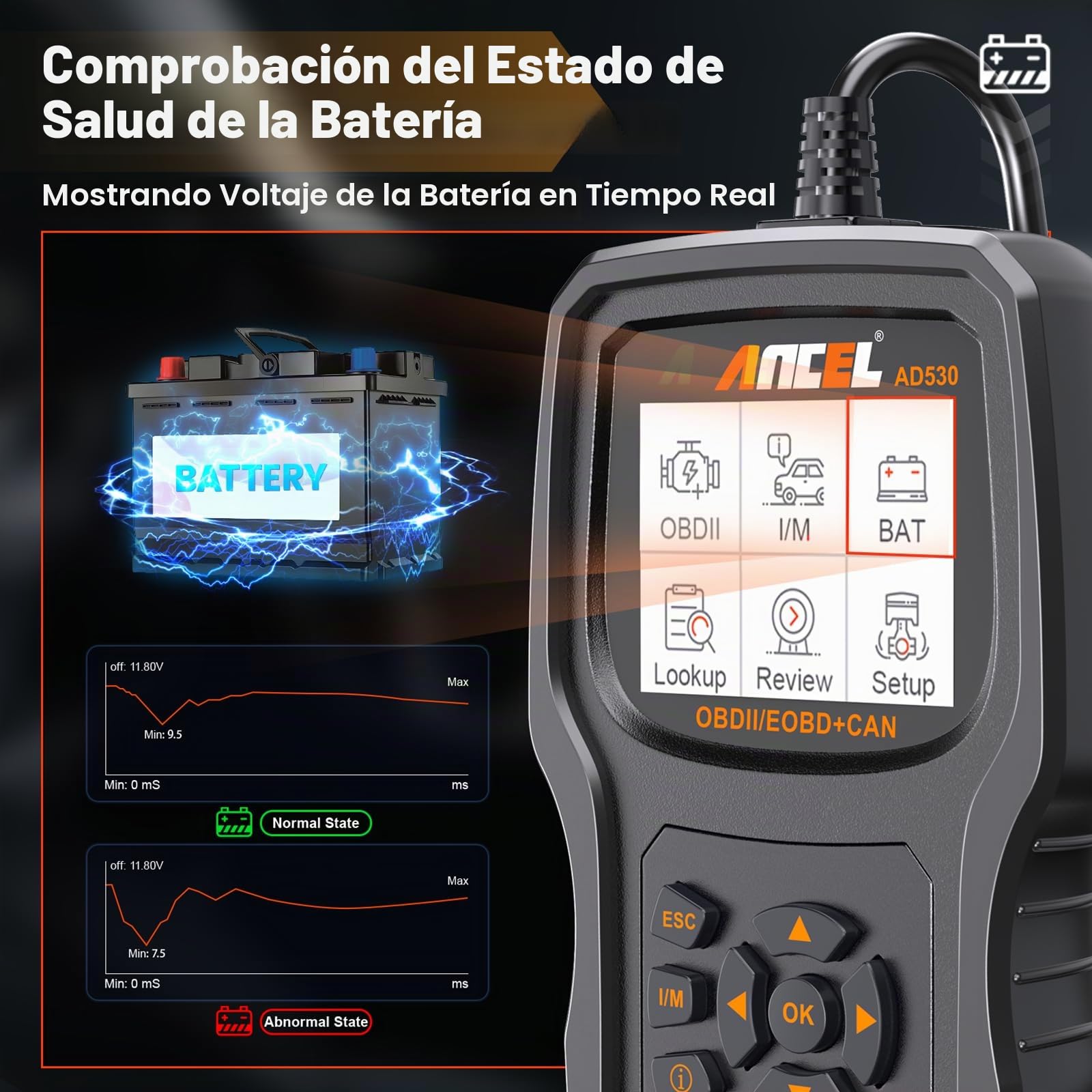 ANCEL AD530 OBD2 escáner de código de Coche Lector de diagnóstico Herramienta de escaneo con definición de código Mejorada y Estado de la batería gráfica Mejorada