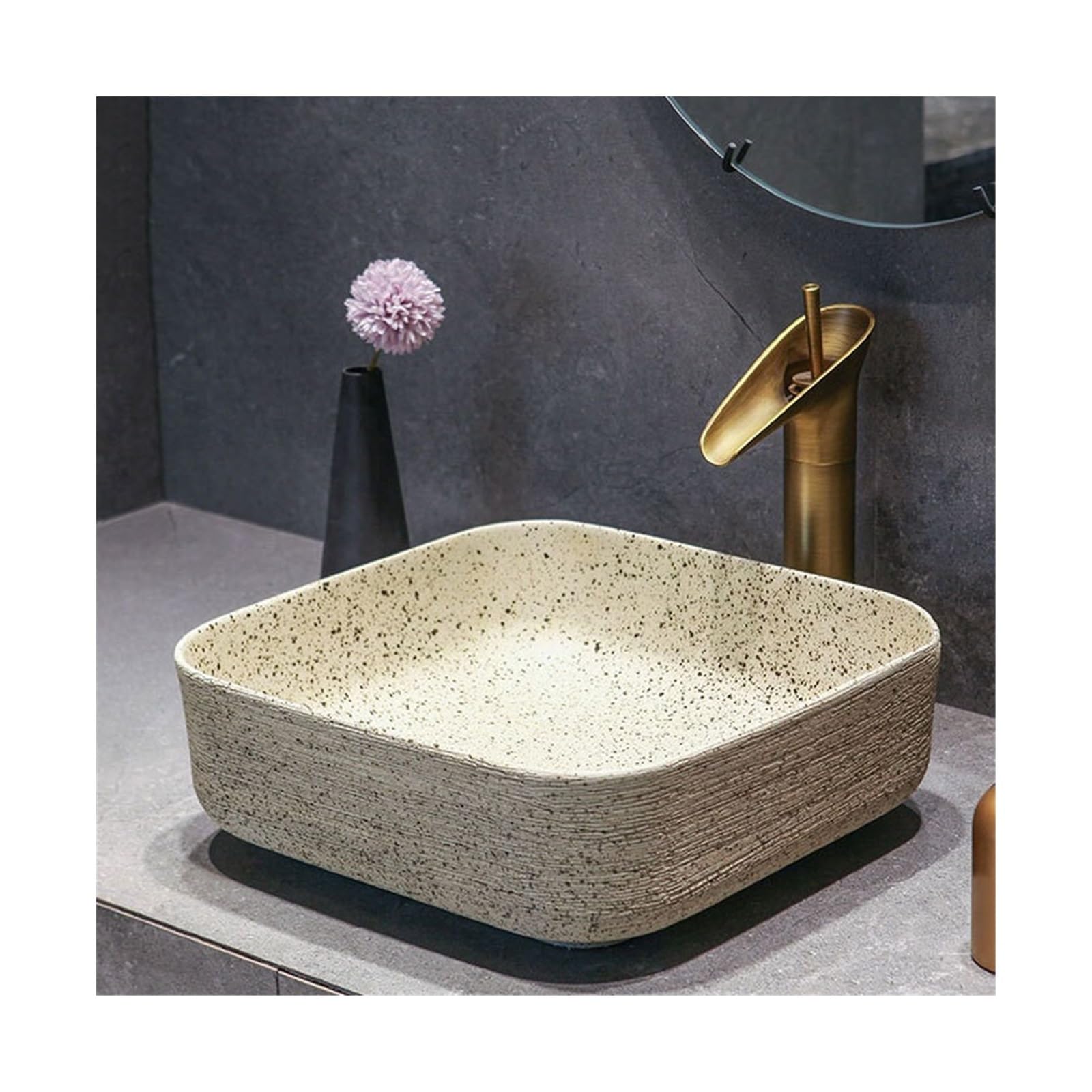 CWCQGH Bathroom Vessel Sink Vintage Ceramic Washbasin Antique Bathroom Sinks Carved Lines Art Countertop Basin with Accessories Vessel Sink