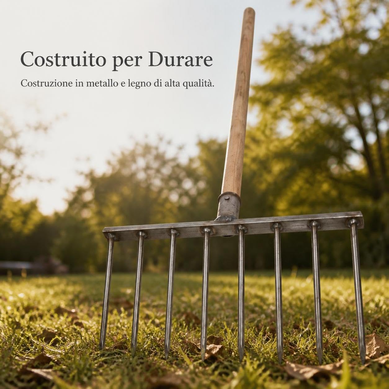 Rastrello da Giardino per Terreno, Testa a denti piatti, Rastrello da giardino, Preparazione aiuole, Per appassionati , Manico in legno da 1,2 metri